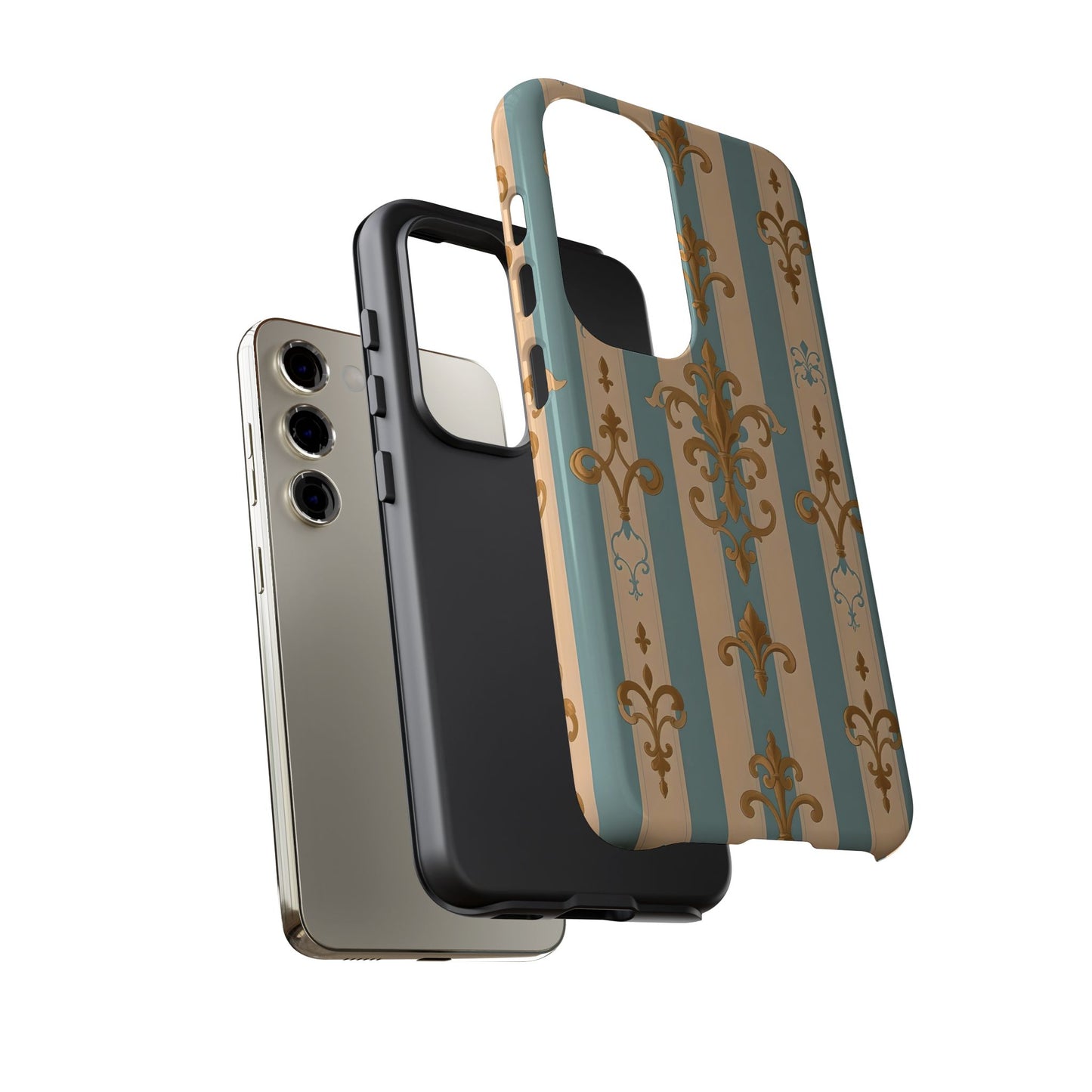 Elegant Floral Motif Phone Case - Tough Cases with Vintage Design -  Beige & Sky Blue Striped Gold Damask