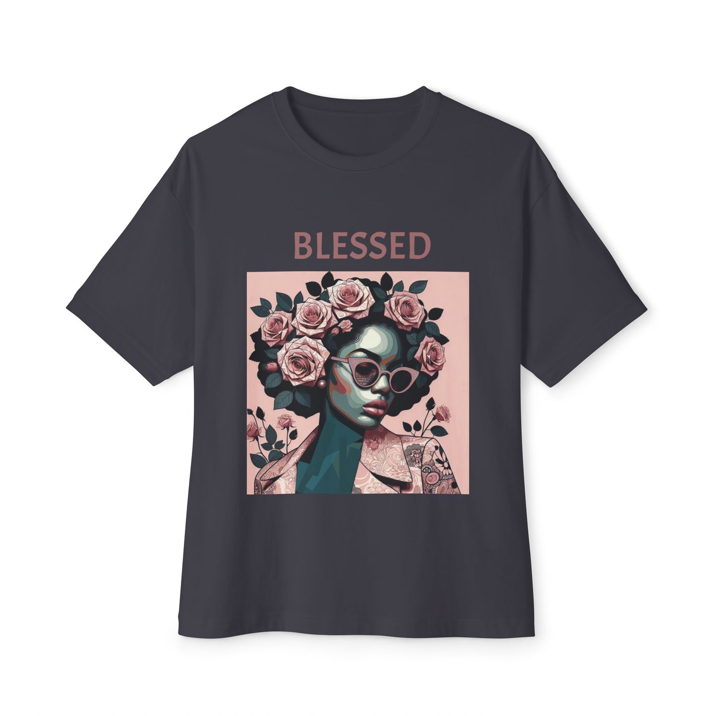 Unisex Oversized Boxy Tee - Blessed Floral Graphic Tee, Comfortable T-Shirt for Girls Night Out, Casual Summer Top, Gift for Her - Mauve Lettering