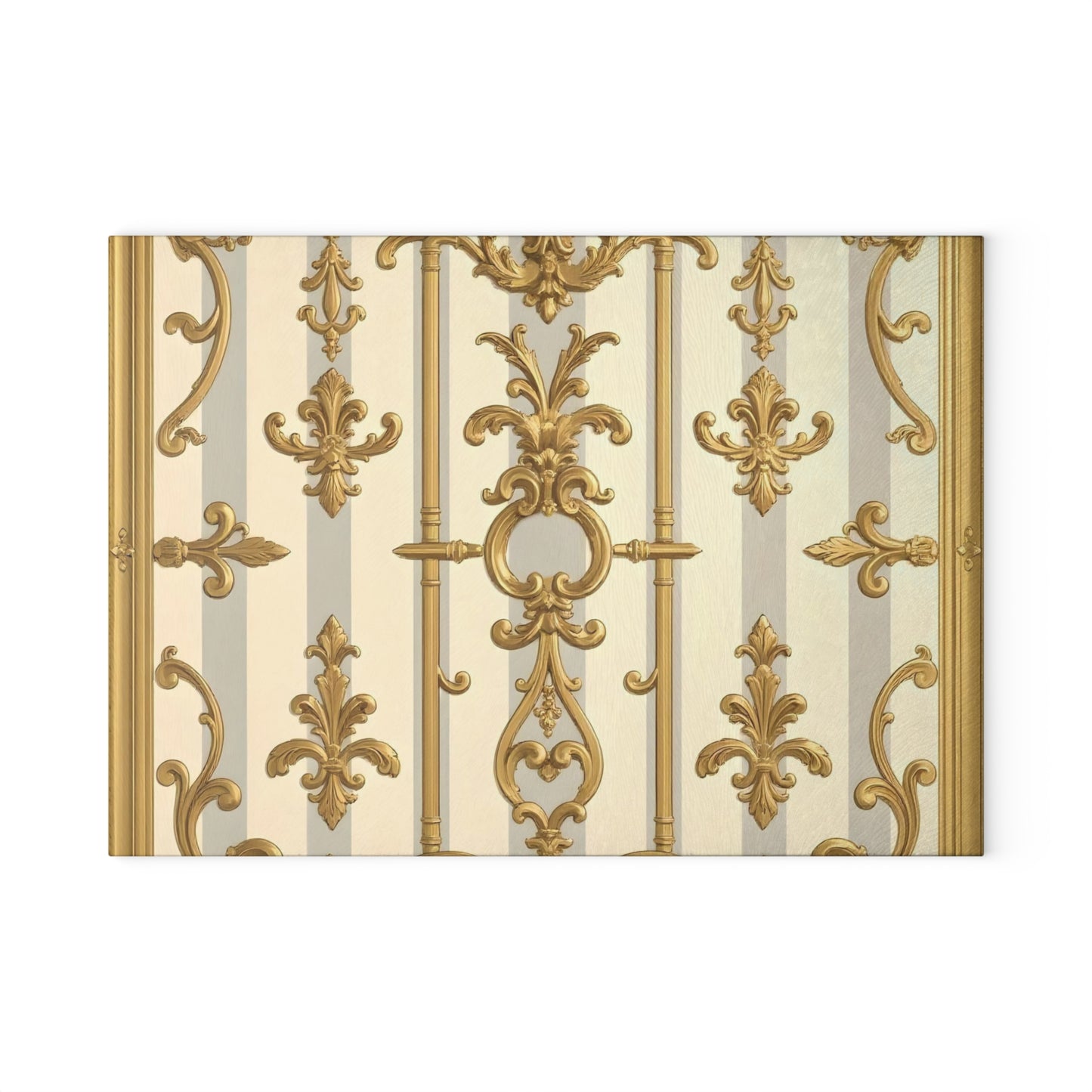 Ornate Glass Cutting Board - Elegant Kitchen Decor, Wedding Gift, Home Cook Gift - Matte Gray & Cream Striped Gold Baroque