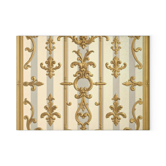 Ornate Glass Cutting Board - Elegant Kitchen Decor, Wedding Gift, Home Cook Gift - Matte Gray & Cream Striped Gold Baroque