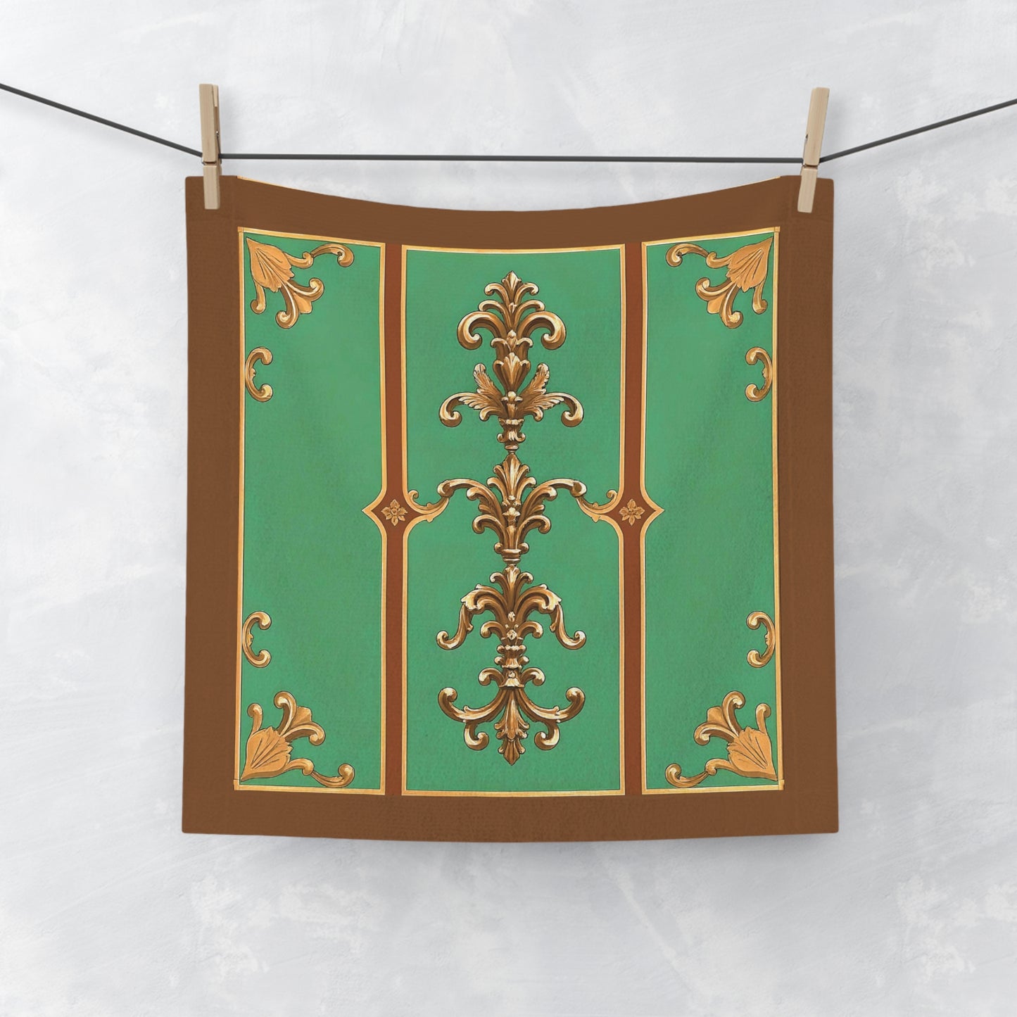 Elegant Vintage Floral Face Towel - Luxurious Bathroom Accessories - Rust & Green Striped Baroque