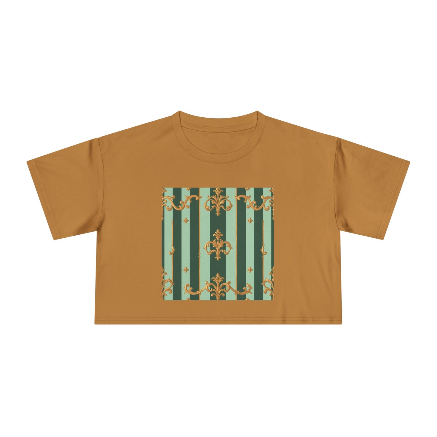 Chic Women's Crop Tee with Elegant Patterns, Fashion Top, Summer Style, Trendy Outfit, Gift for Her - Mint Green & Teal Striped Gold Baroque