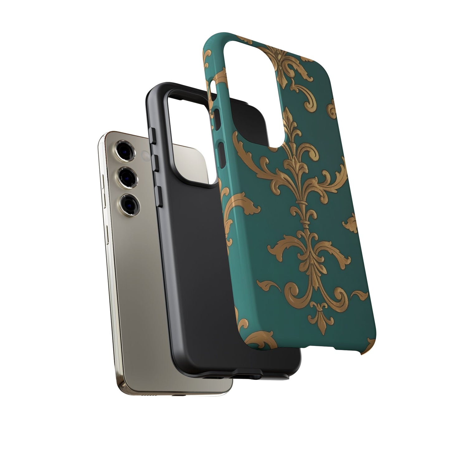 Elegant Floral Motif Phone Case - Tough Cases with Vintage Design - Aqua & Gold Damask