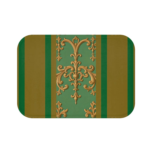 Elegant Vintage Bath Mat, Luxurious Bathroom Decor, Stylish Shower Rug, Home Spa Accessory - Olive Green Striped Rococo