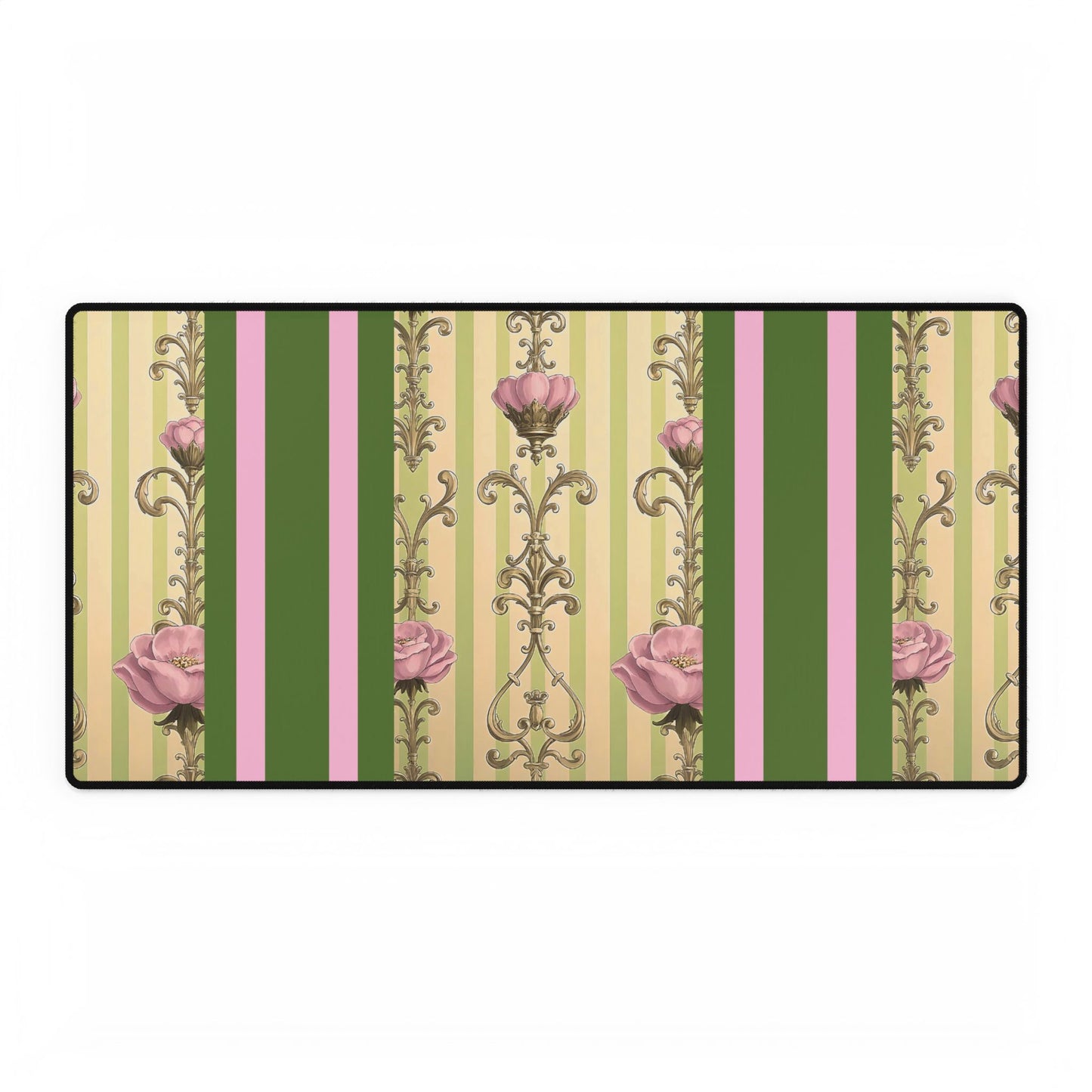 Elegant Floral Motif Desk Mat for Home Office Decor - Lime Green & Pink Striped Damask