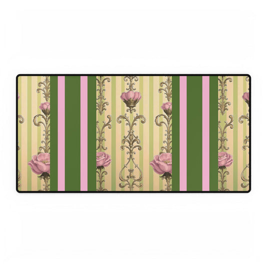 Elegant Floral Motif Desk Mat for Home Office Decor - Lime Green & Pink Striped Damask