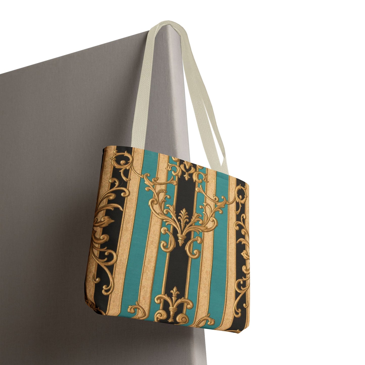 Elegant Black, Tan & Ocean Green Striped Gold Baroque Vintage Pattern Tote Bag, Stylish Carryall, Fashionable Handbag, Perfect Gift for Mother’s Day