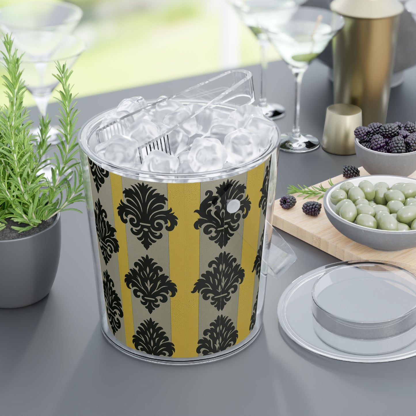 Chic Ice Bucket with Tongs, Elegant Drink Cooler for Parties, Home Bar, Summer Gatherings, Weddings - Silver & Gold Striped Black Baroque
