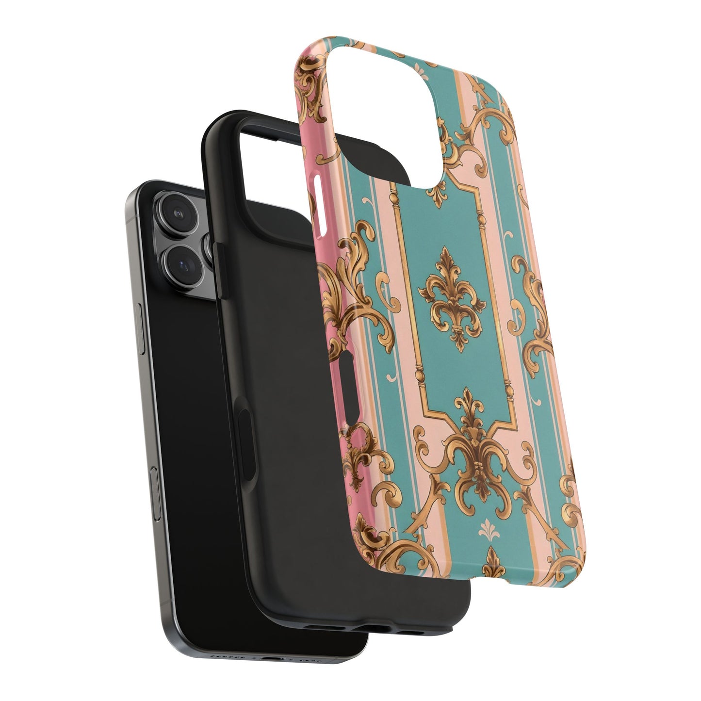 Elegant Floral Tough Phone Case, Artistic Phone Cover, Gift for Her, Chic Phone Accessory - Pink & Matte Turquoise Striped Rococo