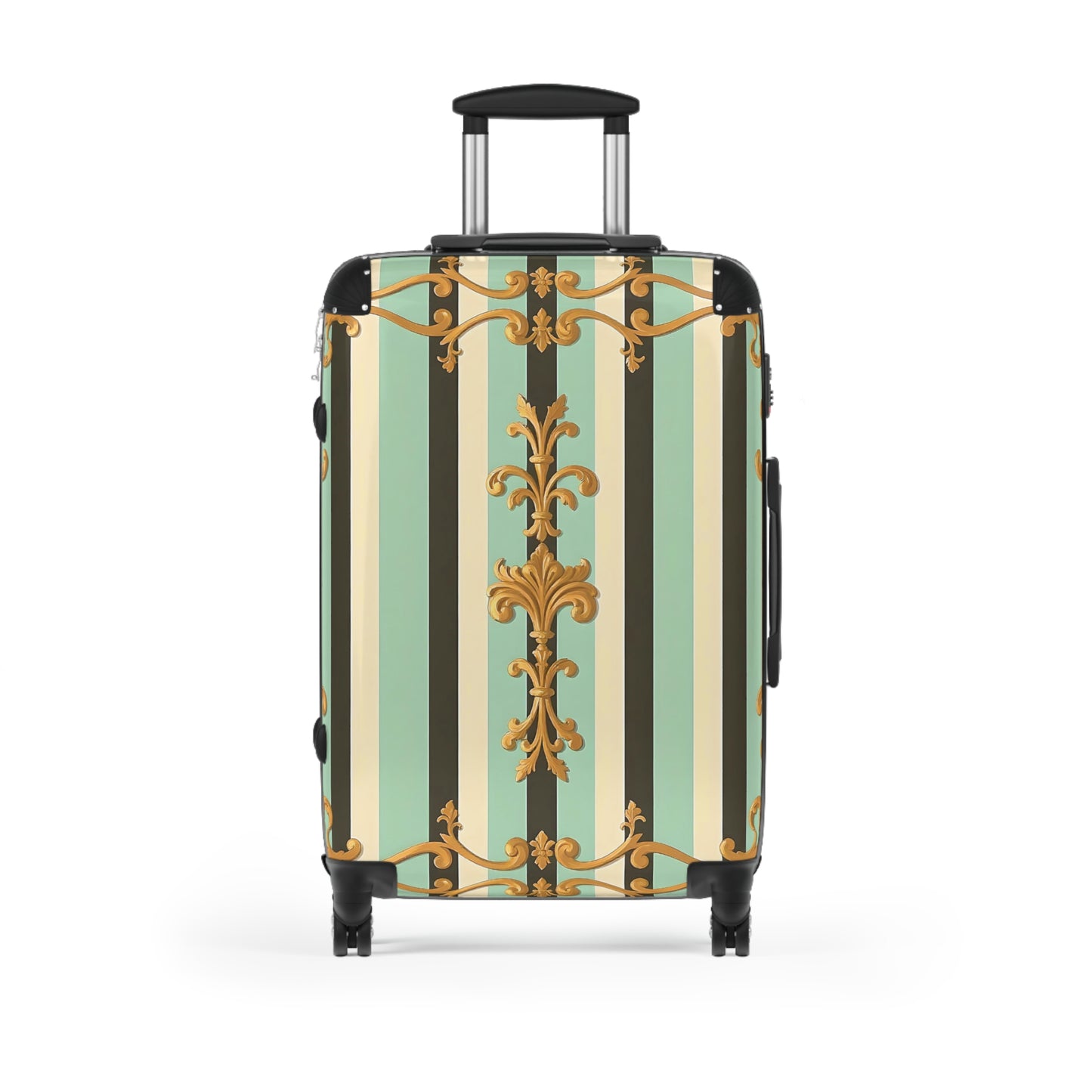 Elegant Striped Suitcase, Stylish Travel Luggage, Unique Carry-On, Trendy Vacation Bag - Black & Matte Mint Striped Rococo