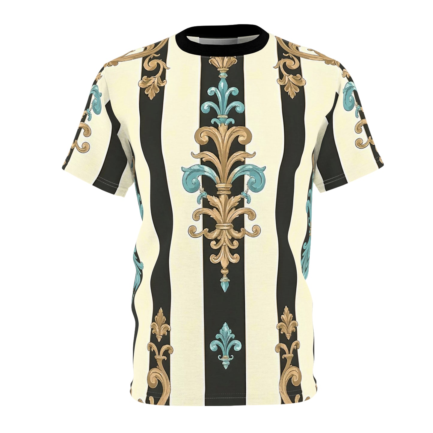 Stylish Unisex Patterned Tee, Fashion Tee for Men & Women, Casual Wear, Elegant Gift, Summer Top - Black Striped Turquoise & Black Rococo