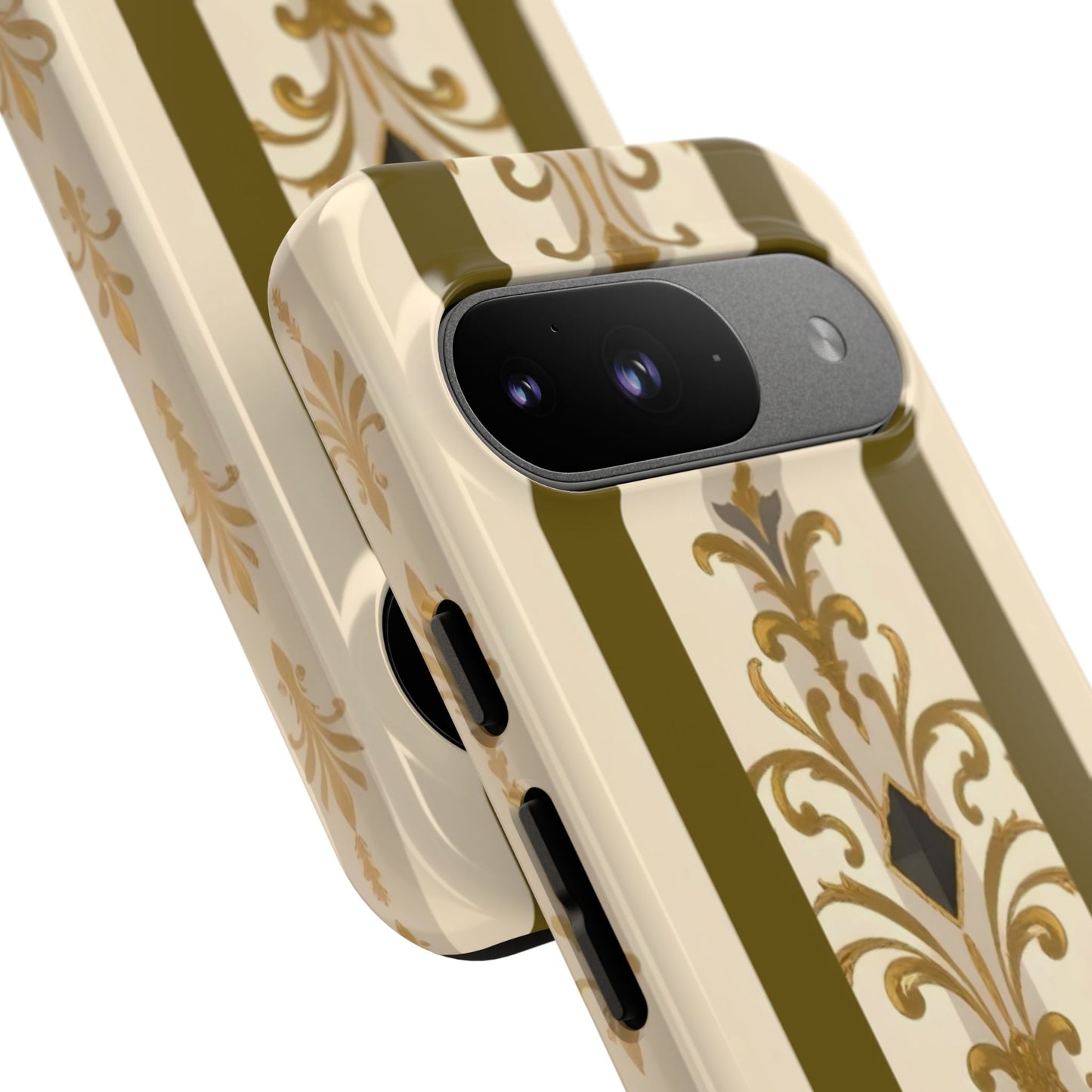 Elegant Floral Motif Phone Case - Tough Cases with Vintage Design - Olive Striped Gold Damask