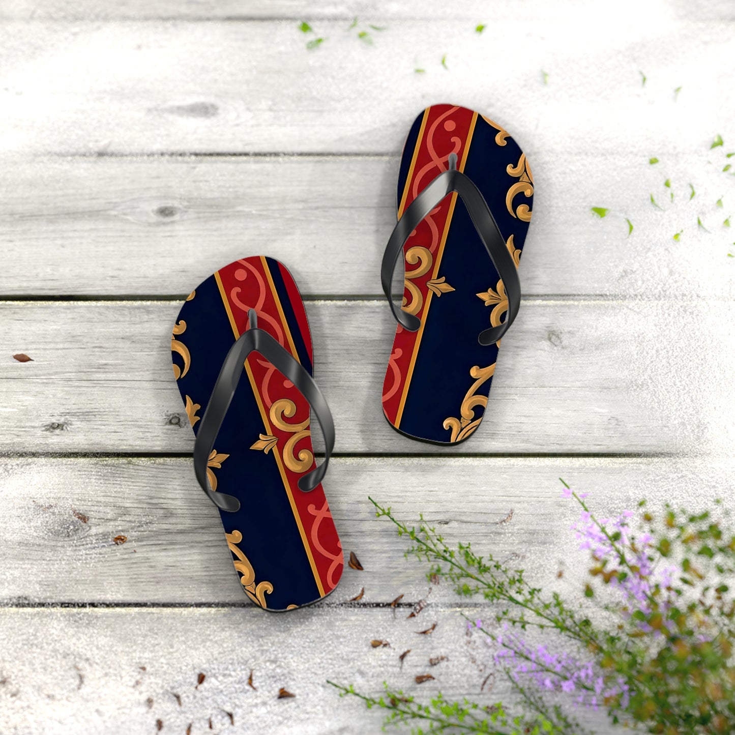 Elegant Vintage Flip Flops, Stylish Summer Footwear, Beachwear Accessories, Vacation Essentials - Midnight Blue & Dusk Red Gold Baroque