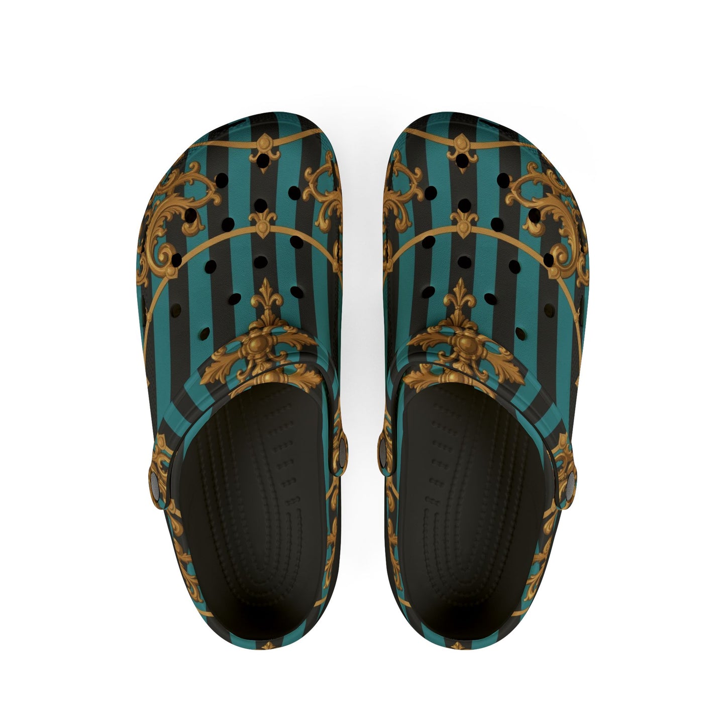 Stylish Turquoise & Black Striped Gold Baroque EVA Foam Rubber Shoes with Elegant Gold Pattern, Casual Footwear