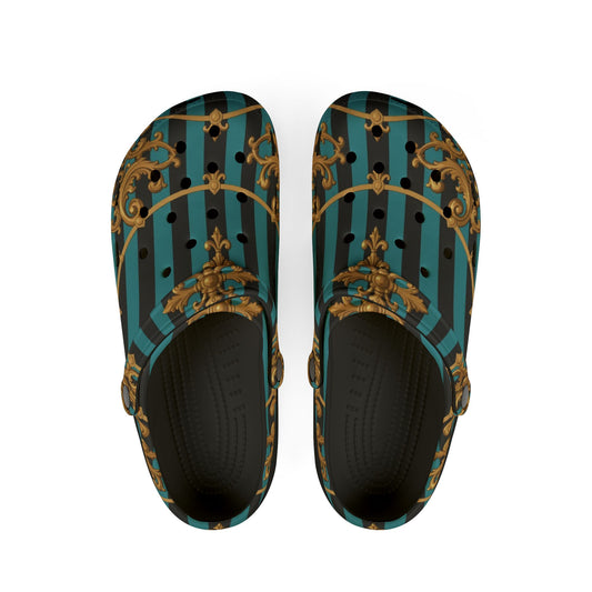 Stylish Turquoise & Black Striped Gold Baroque EVA Foam Rubber Shoes with Elegant Gold Pattern, Casual Footwear
