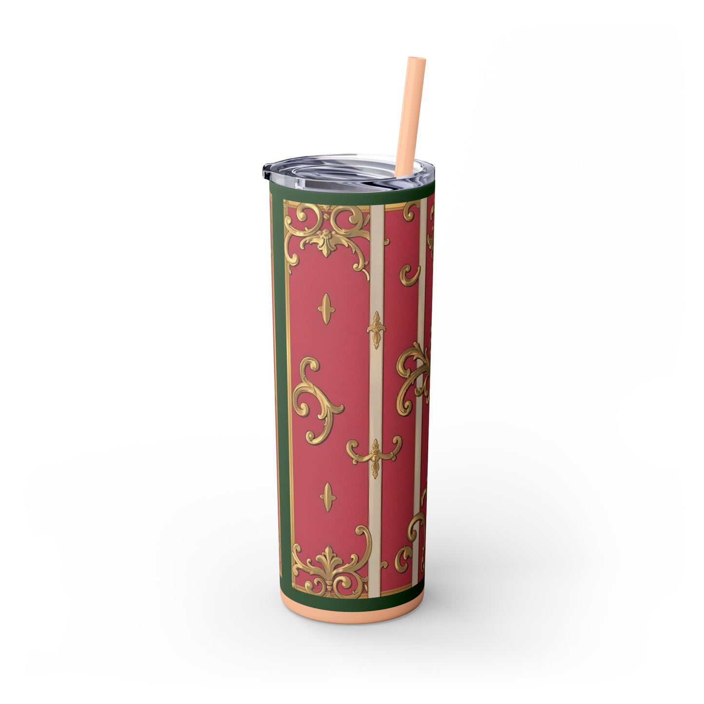 Elegant Green Border Pink Striped Baroque Skinny Tumbler with Straw, Reusable Travel Mug, Gift for Her, Fashionable Drinkware