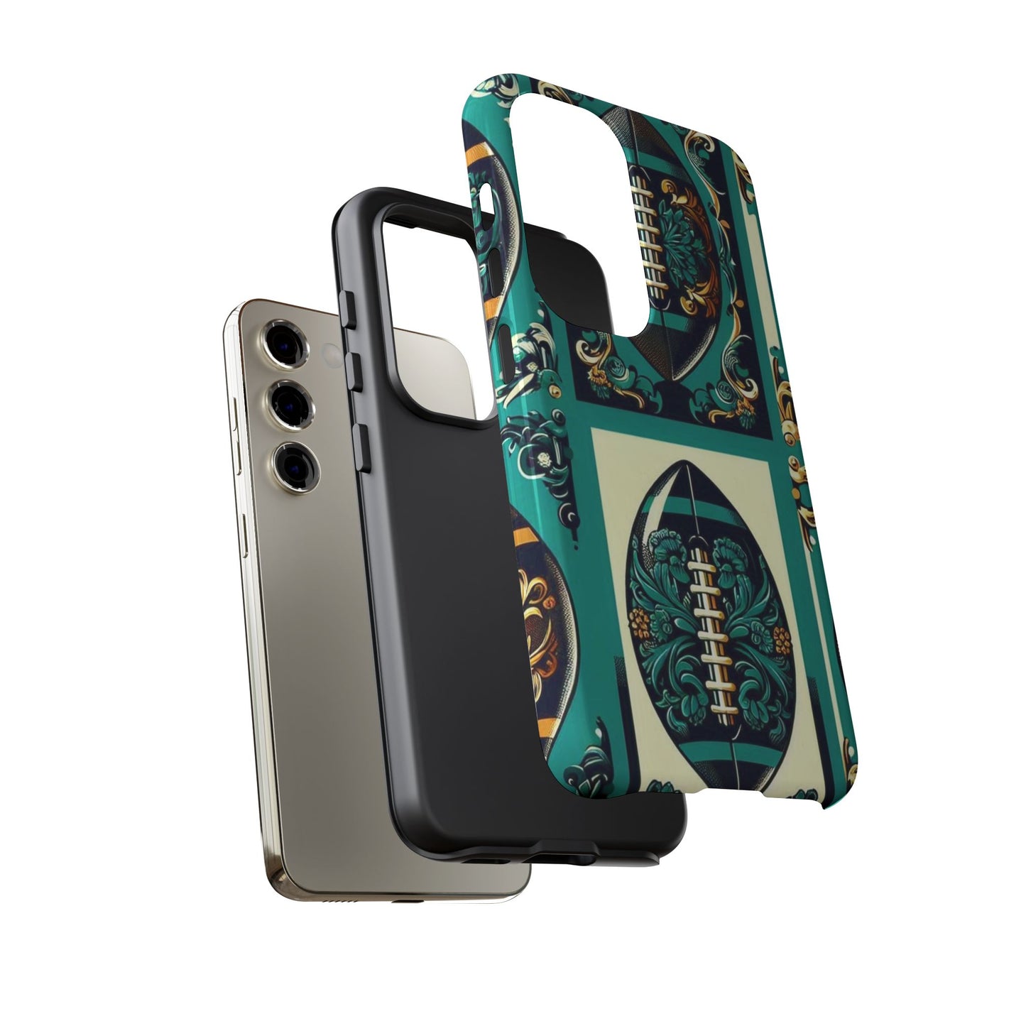 Elegant Floral Motif Phone Case - Tough Cases with Vintage Design -  Damask Teal, Gold & Black Footballs