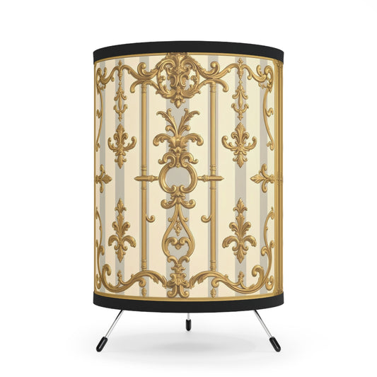 Tripod Lamp with Elegant Gold Pattern Shade, Vintage Home Decor, Modern Lighting Fixture - Matte Gray & Cream Striped Gold Baroque