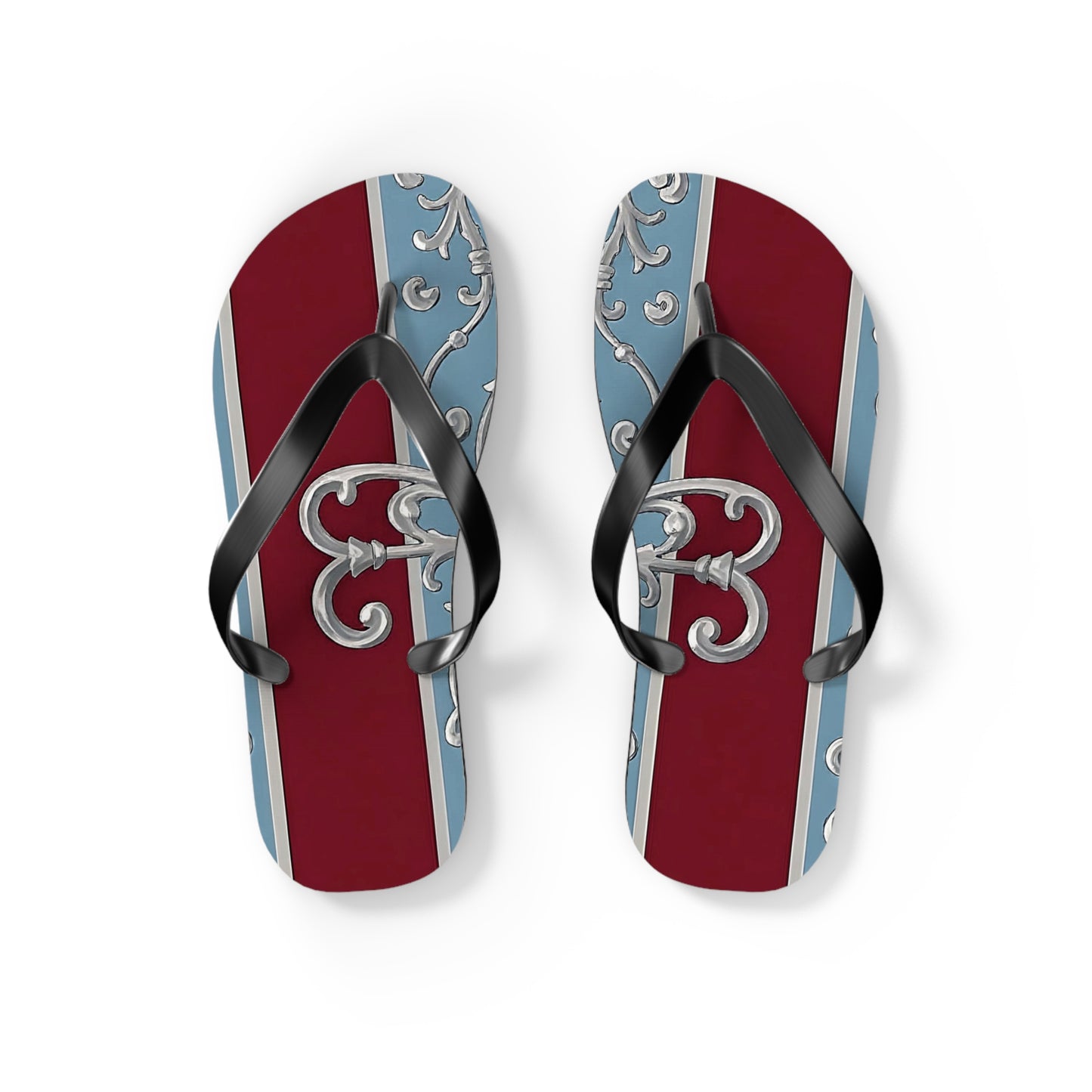 Elegant Vintage Flip Flops - Stylish Summer Footwear with Classic Design - Ice Blue & Burgundy Striped Baroque