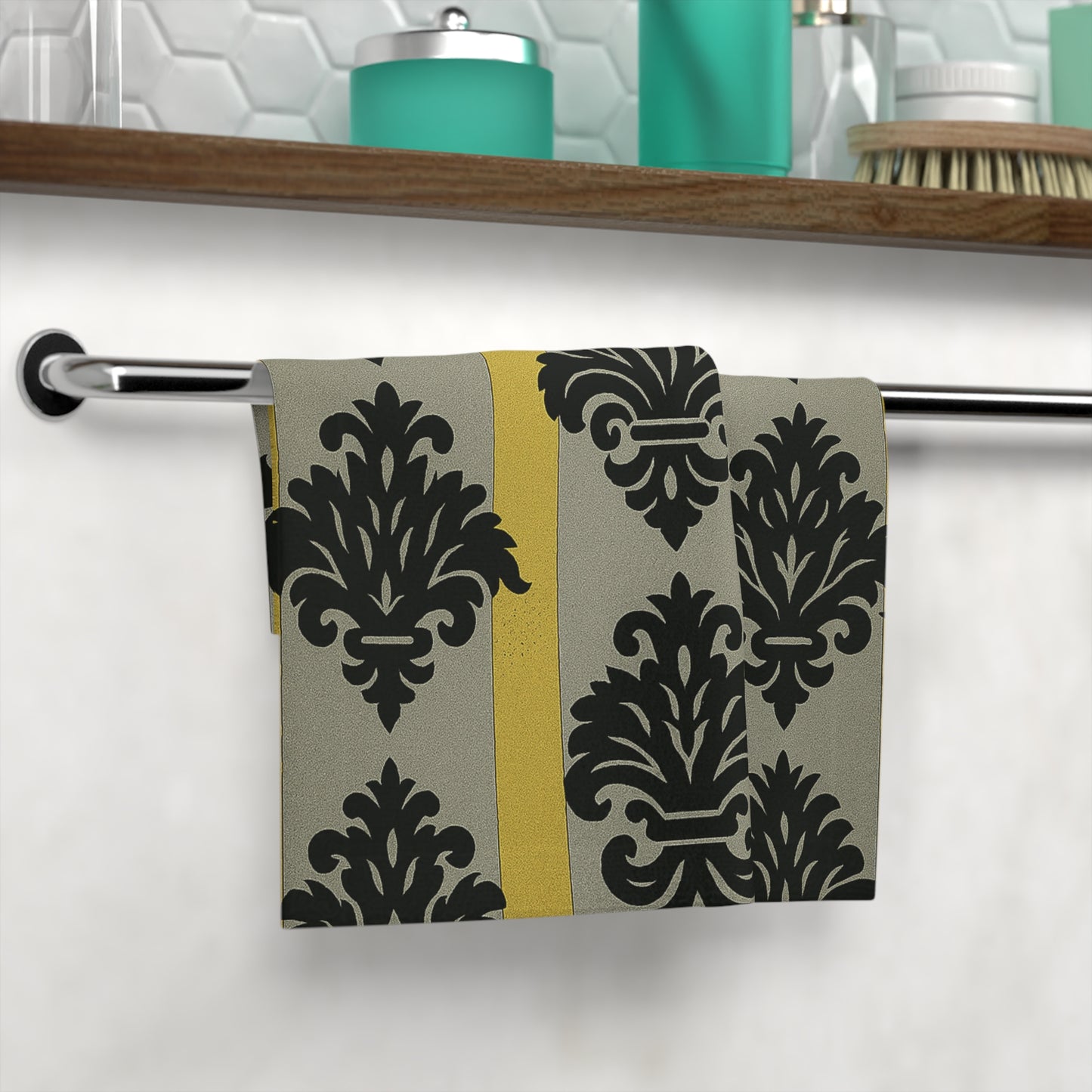 Elegant Baroque Face Towel, Luxurious Bathroom Decor, Stylish Gift, Spa Accessory, Home Essentials - Silver & Gold Striped Black Baroque