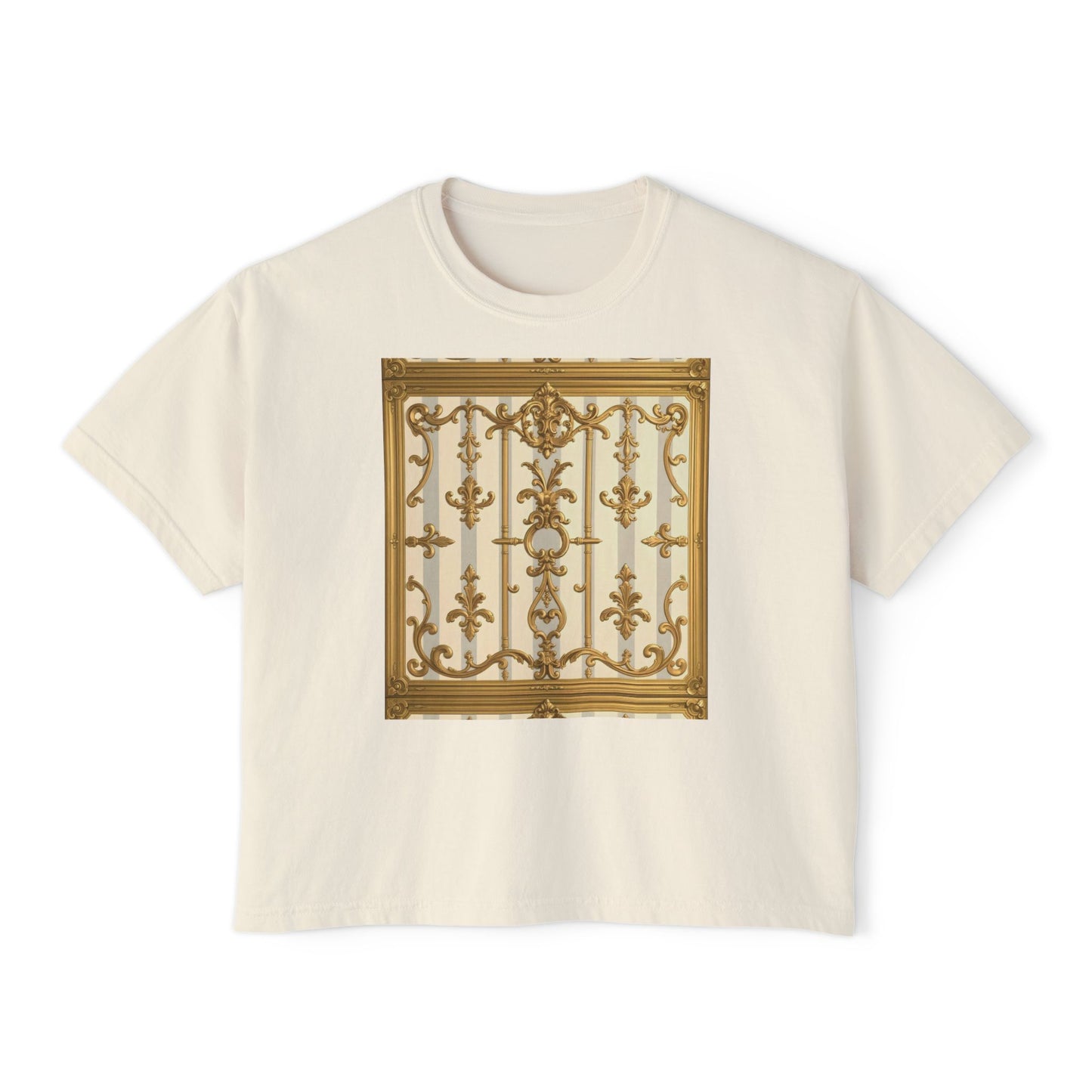 Chic Women's Boxy Tee with Elegant Gate Design, Stylish Casual Wear, Summer Tee, Gift for Her - Matte Gray & Cream Striped Gold Baroque