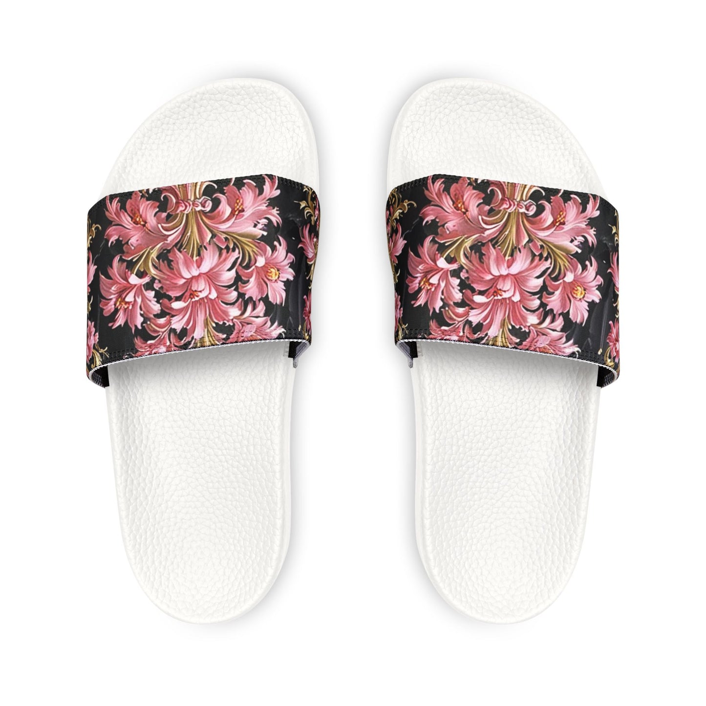 Floral Women's Sandals | Trendy Summer Footwear, Vacation Slip-Ons, Beach Sandals, Stylish Slip-Ons - Black & Pink Oil Painting Style Rococo