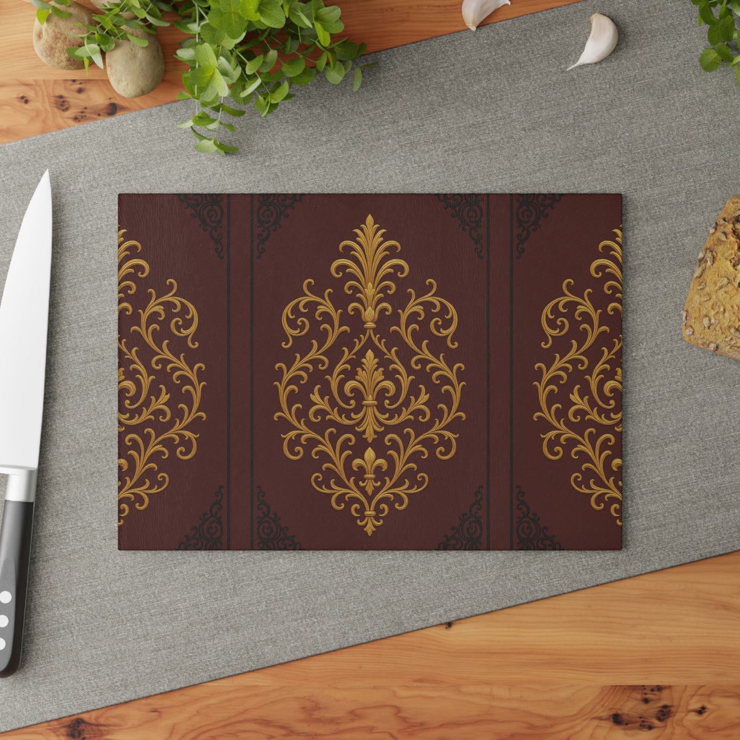 Dusk Burgundy-Black & Gold Baroque Glass Cutting Board — Elegant Kitchen Decor & Serving Board