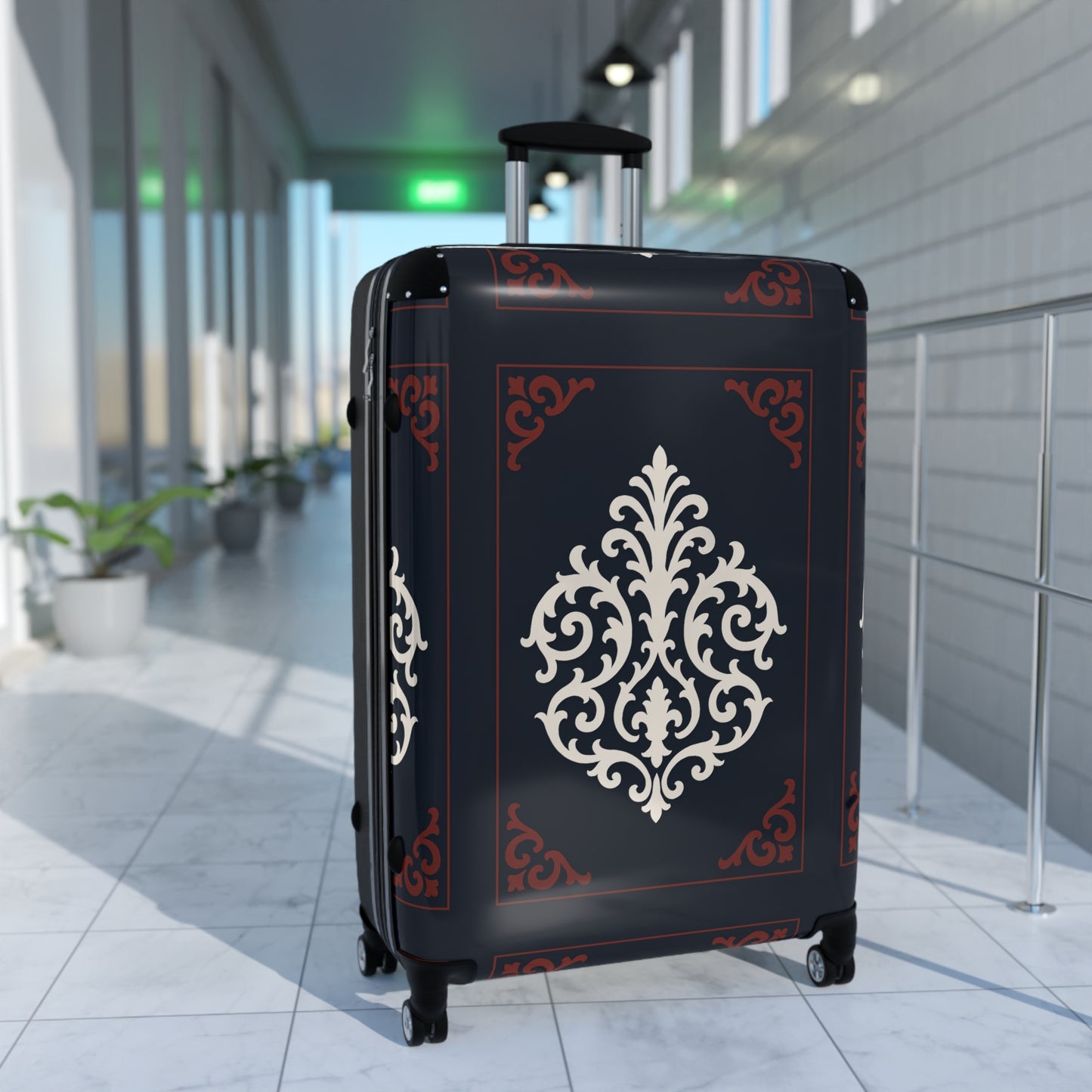 Dusk Blue-Maroon & White Baroque Carry-On Suitcase — Elegant Travel Luggage with Vintage White Medallion