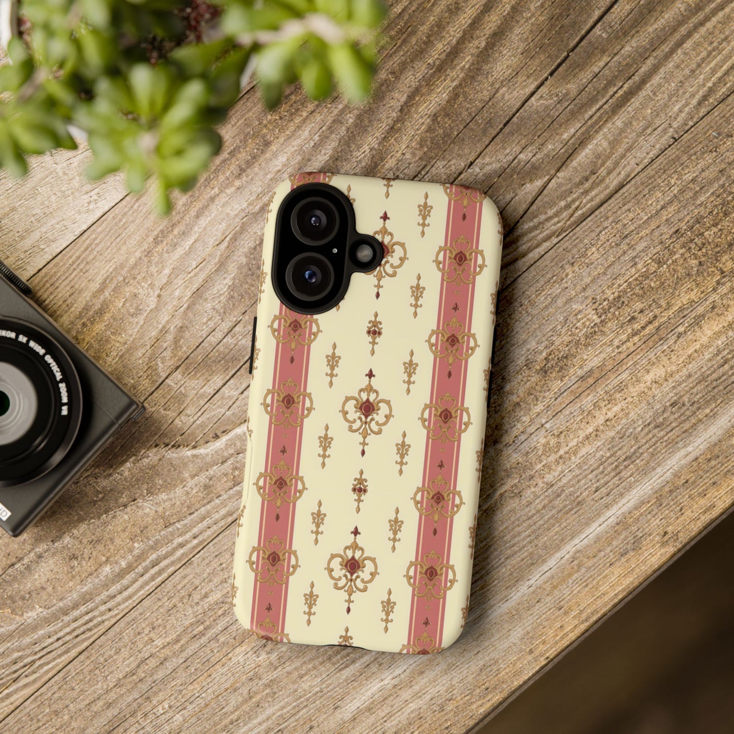 Elegant Floral Motif Phone Case - Tough Cases with Vintage Design - Mauve Striped Gold Damask