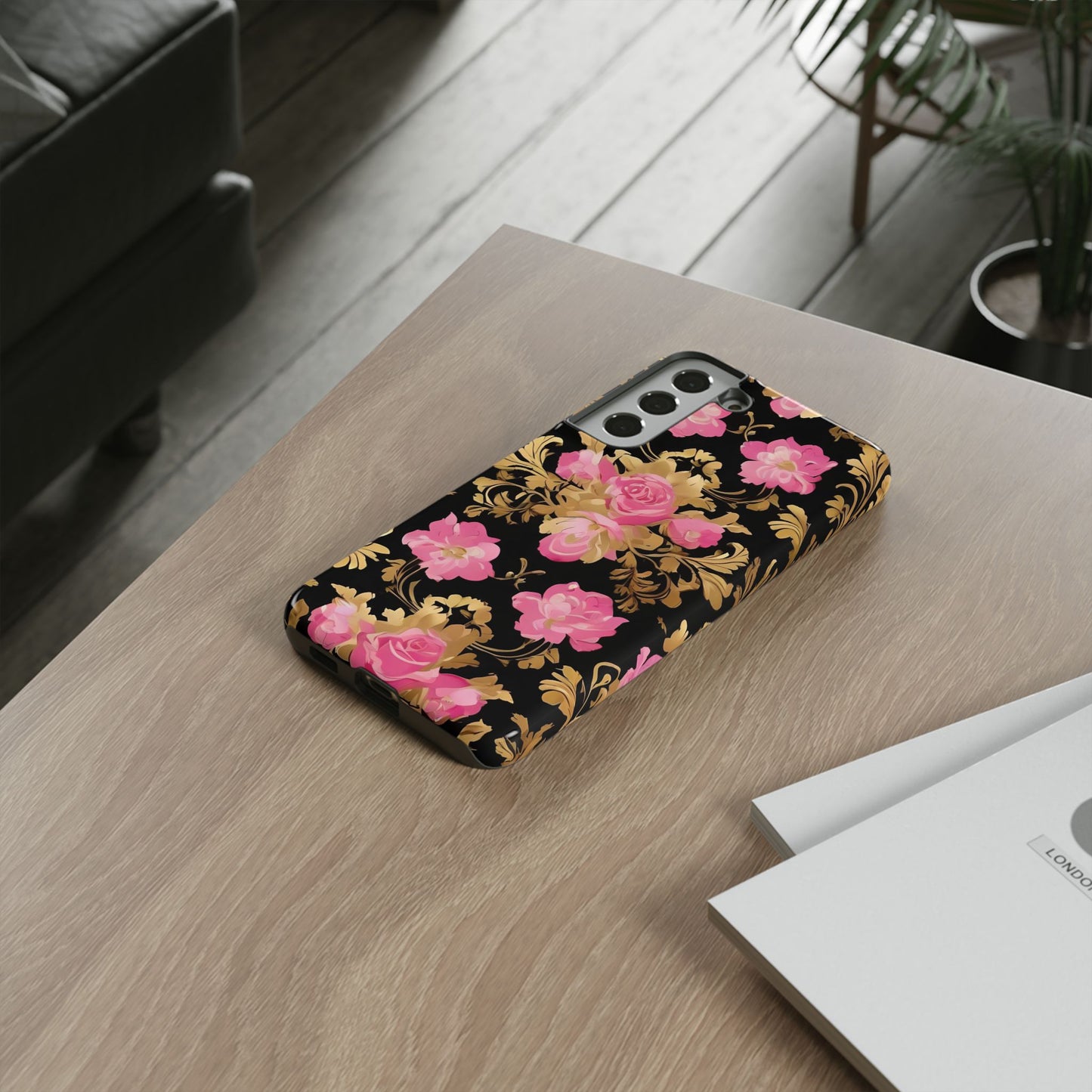 Elegant Floral Motif Phone Case - Tough Cases with Vintage Design - Pink & Gold Roses