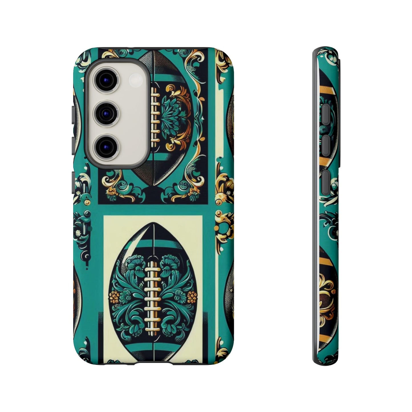Elegant Floral Motif Phone Case - Tough Cases with Vintage Design -  Damask Teal, Gold & Black Footballs
