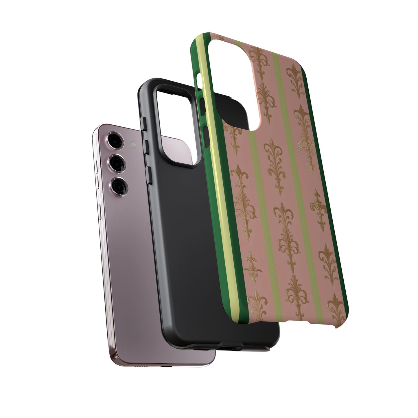 Elegant Floral Motif Phone Case - Tough Cases with Vintage Design - Lime Green & Pink Striped Damask