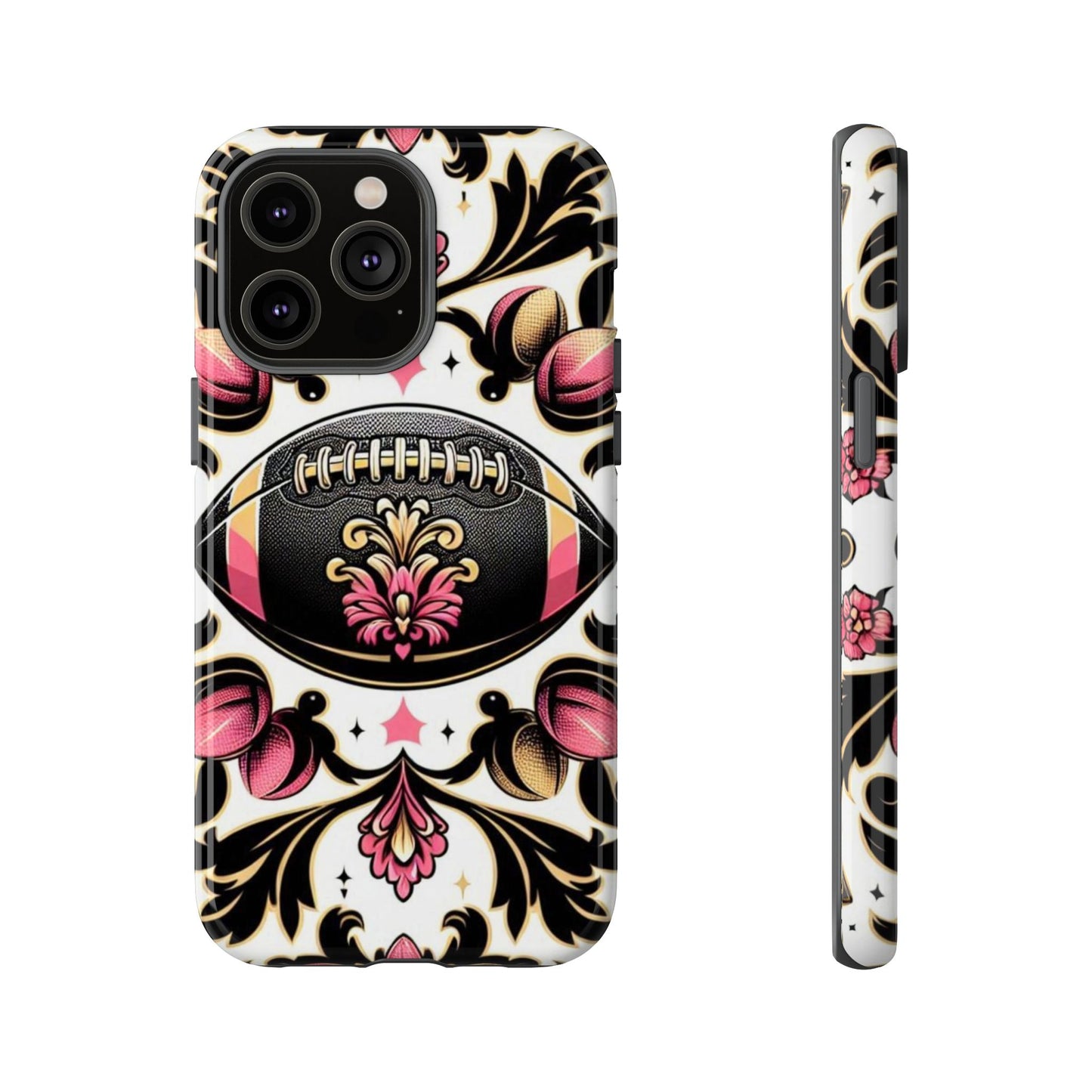 Elegant Floral Motif Phone Case - Tough Cases with Vintage Design - Damask White, Pink Gold & Black Football