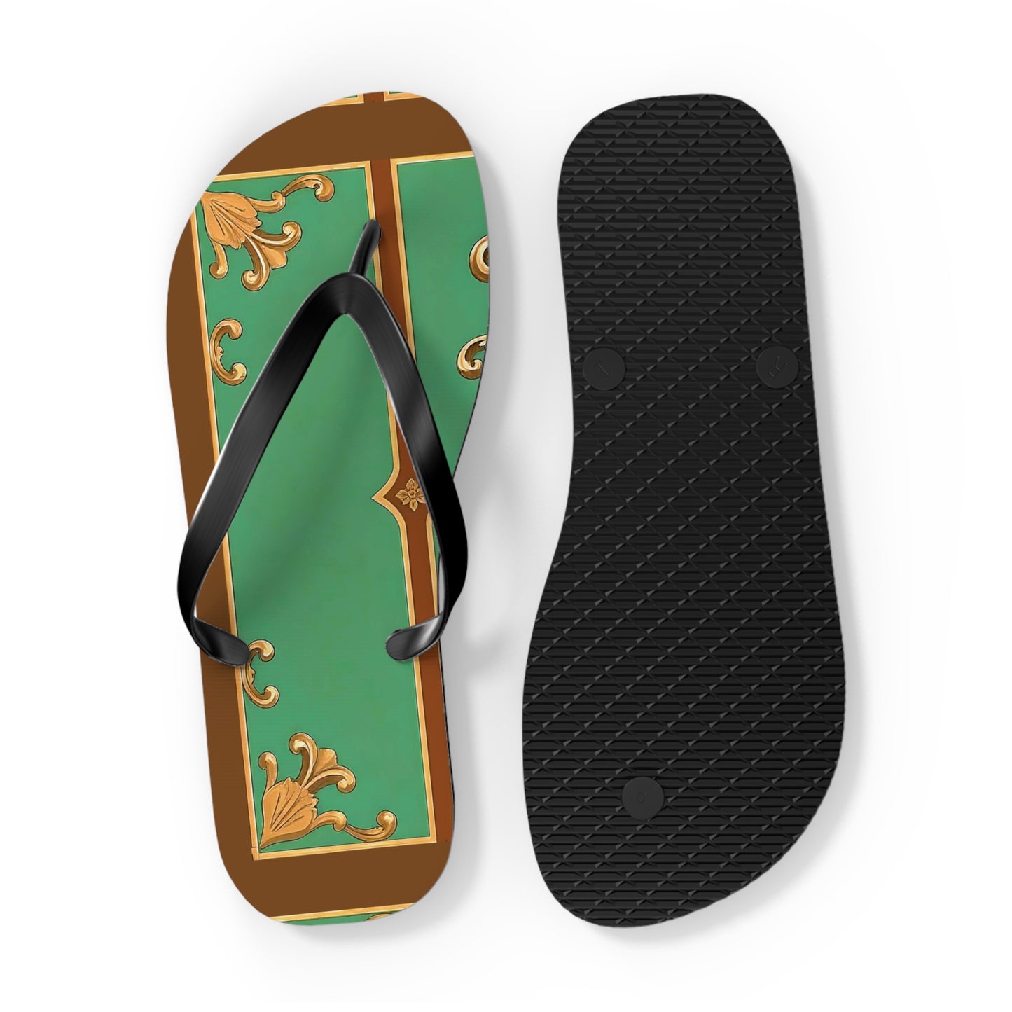 Elegant Floral Flip Flops for Summer Getaways - Rust & Green Striped Baroque