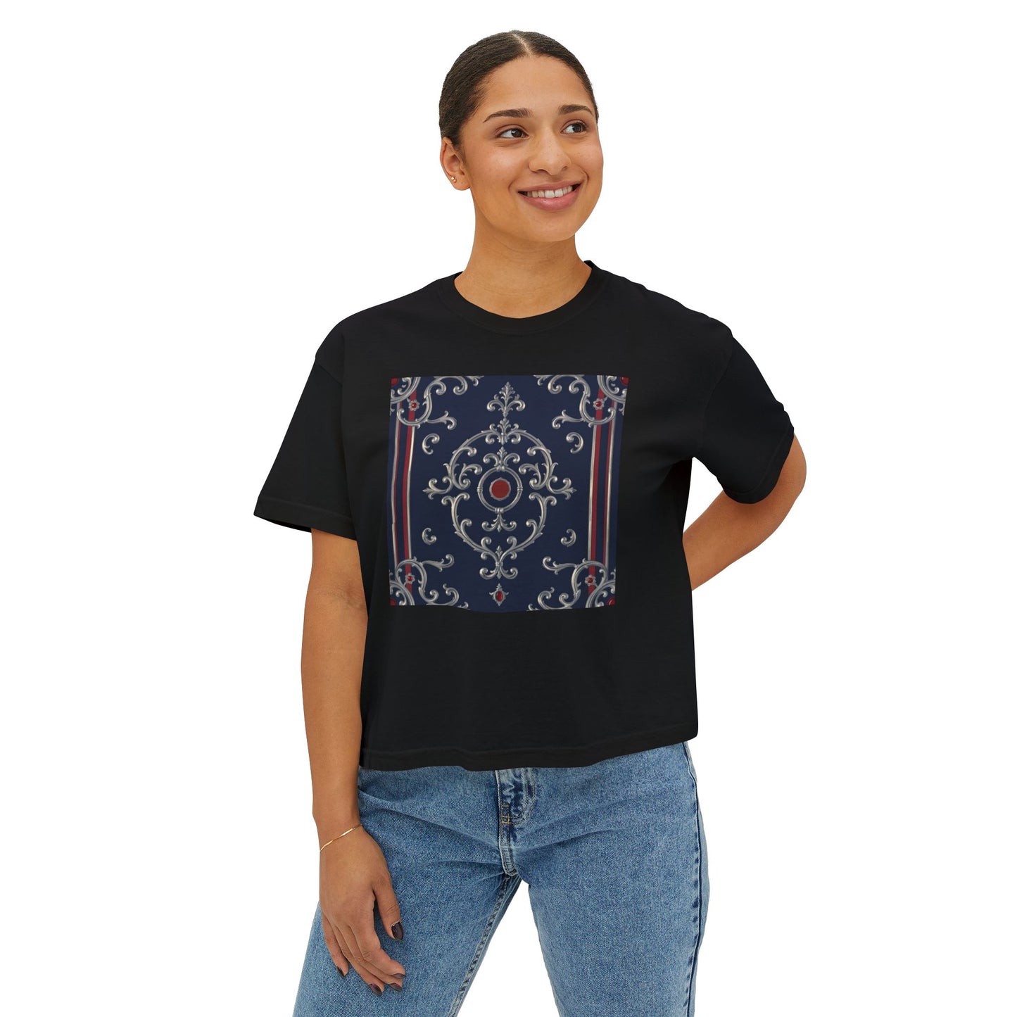 Chic Women's Boxy Tee with Vintage-Inspired Design, Casual Top, Everyday Wear, Gift for Her - Blue & Red Striped Silver Baroque