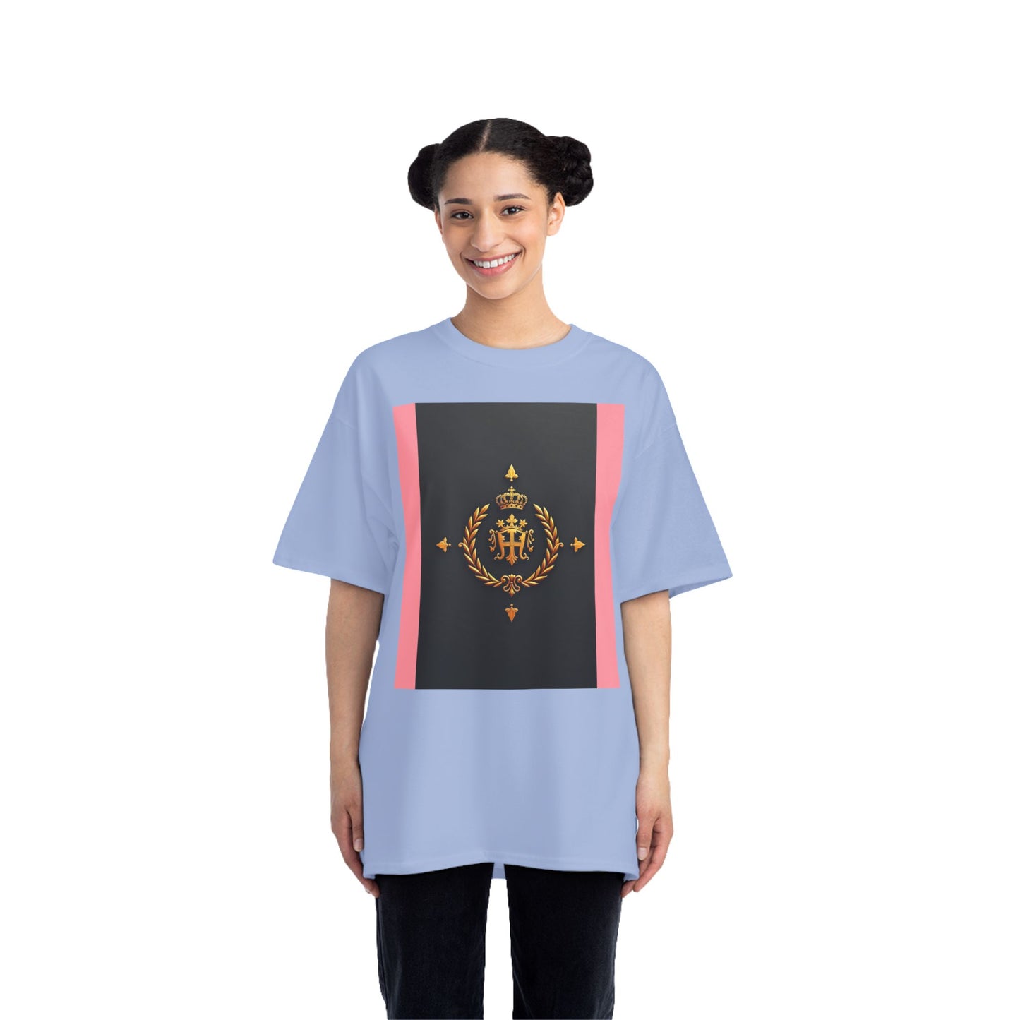Short-Sleeve Graphic T-Shirt, Stylish Casual Wear, Trendy Gift for Friends, Summer Fashion, Statement Tee, Everyday Comfort - Pink Striped Gold Crest