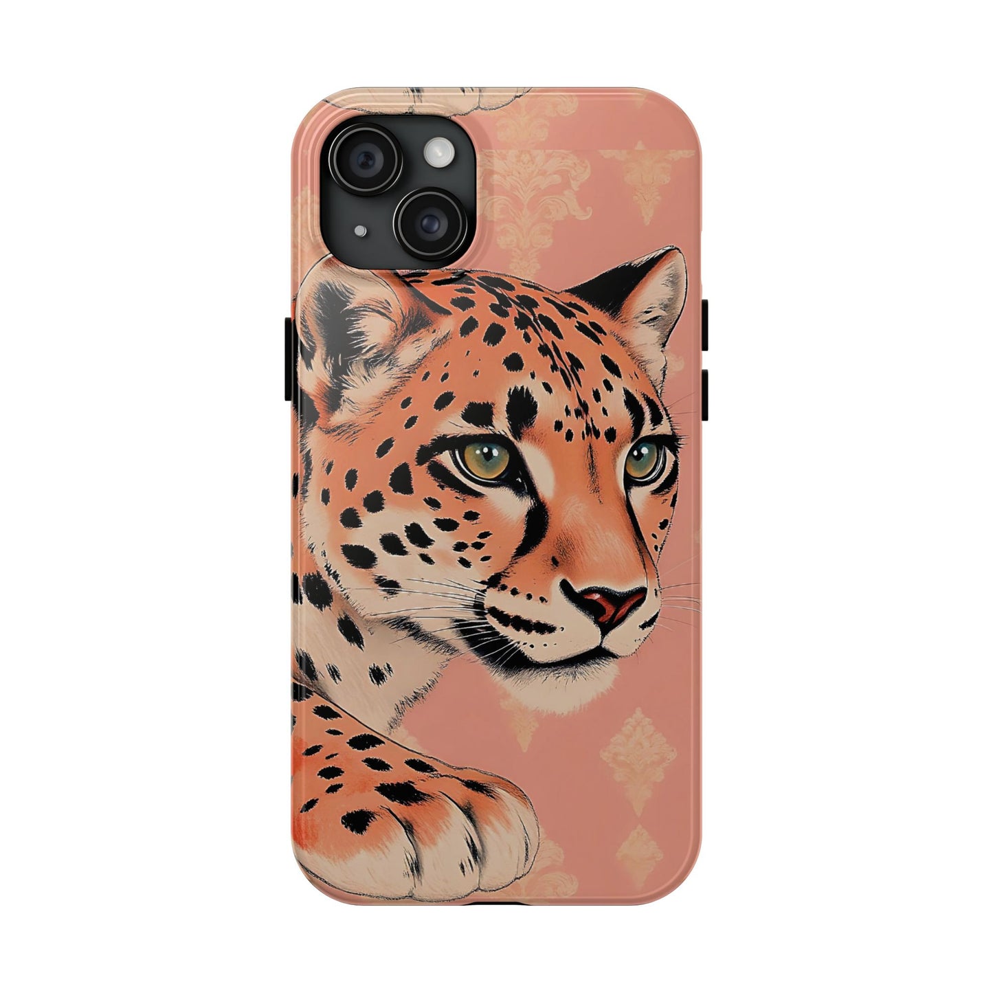 Leopard Tough Phone Case - Trendy Floral Motif Design for Animal Lovers - Peach Leopard & Damask