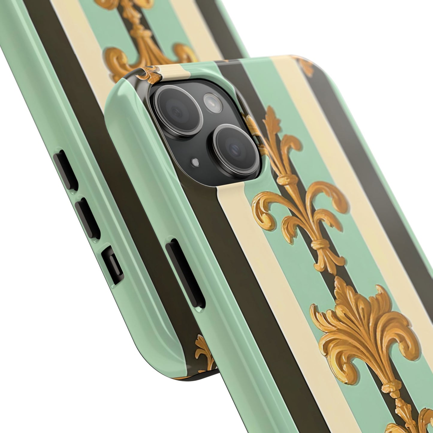 Elegant Floral Tough Phone Cases - Stylish Protection for All Occasions, Gifts for Her, Phone Covers - Black & Matte Mint Striped Rococo
