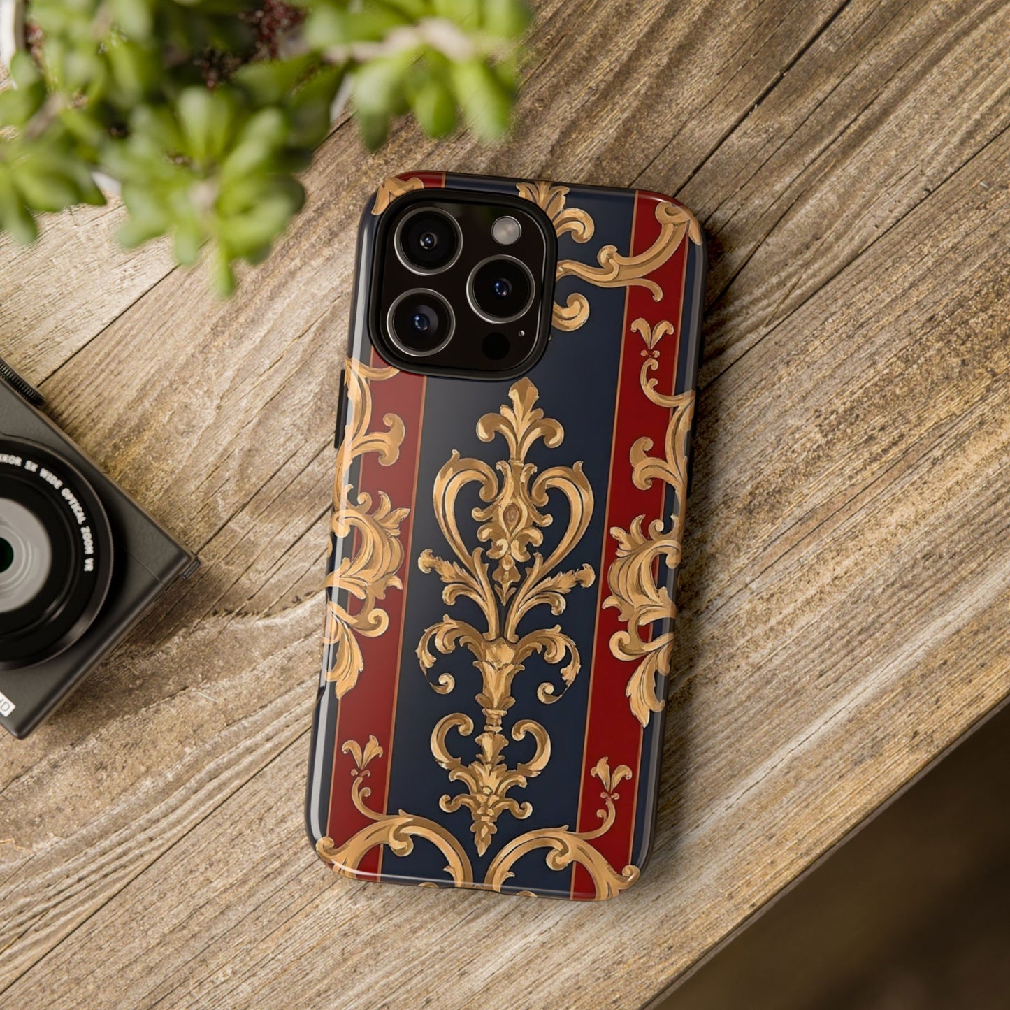 Elegant Floral Motif Phone Case - Tough Cases with Vintage Design - Midnight Blue & Dusk Red Striped Gold Damask