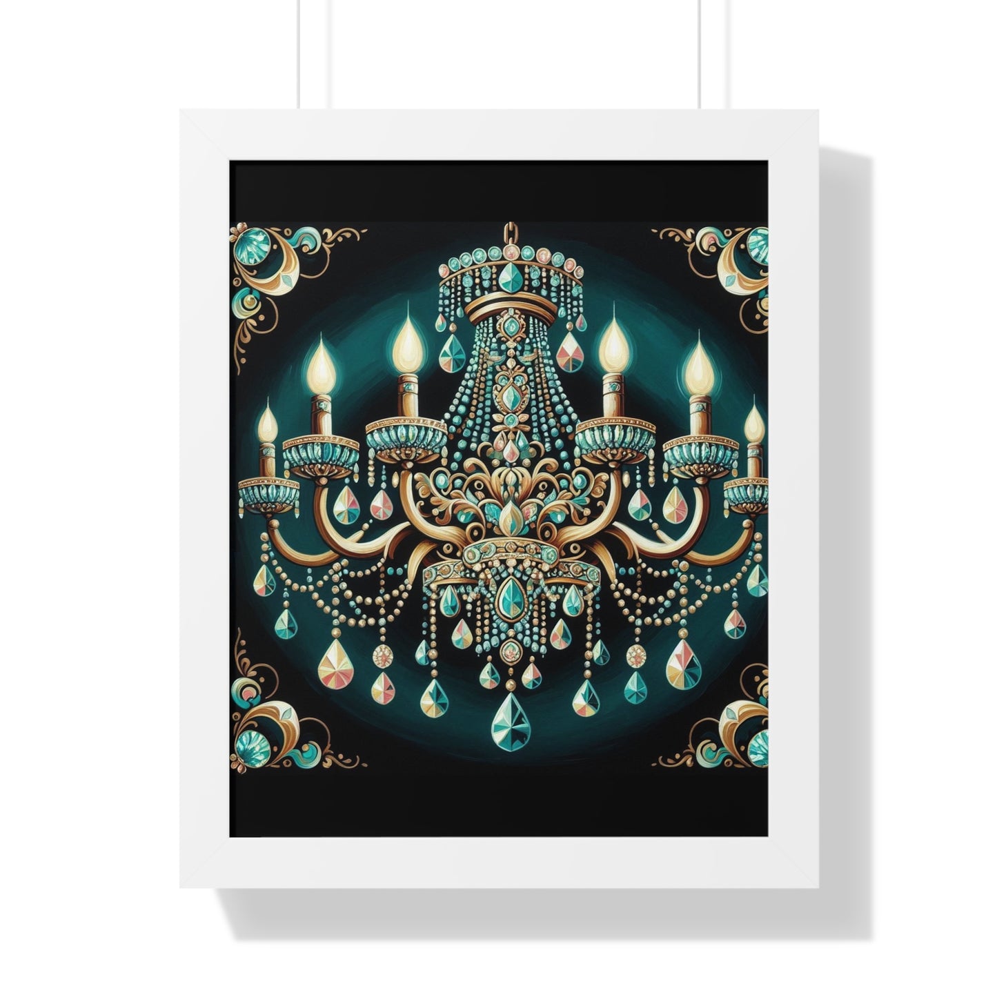 Elegant Chandelier Art Print, Framed Vertical Poster, Home Decor, Wall Art, Gift for Her, Luxury Interior Decoration - Teal Jeweled Chandelier