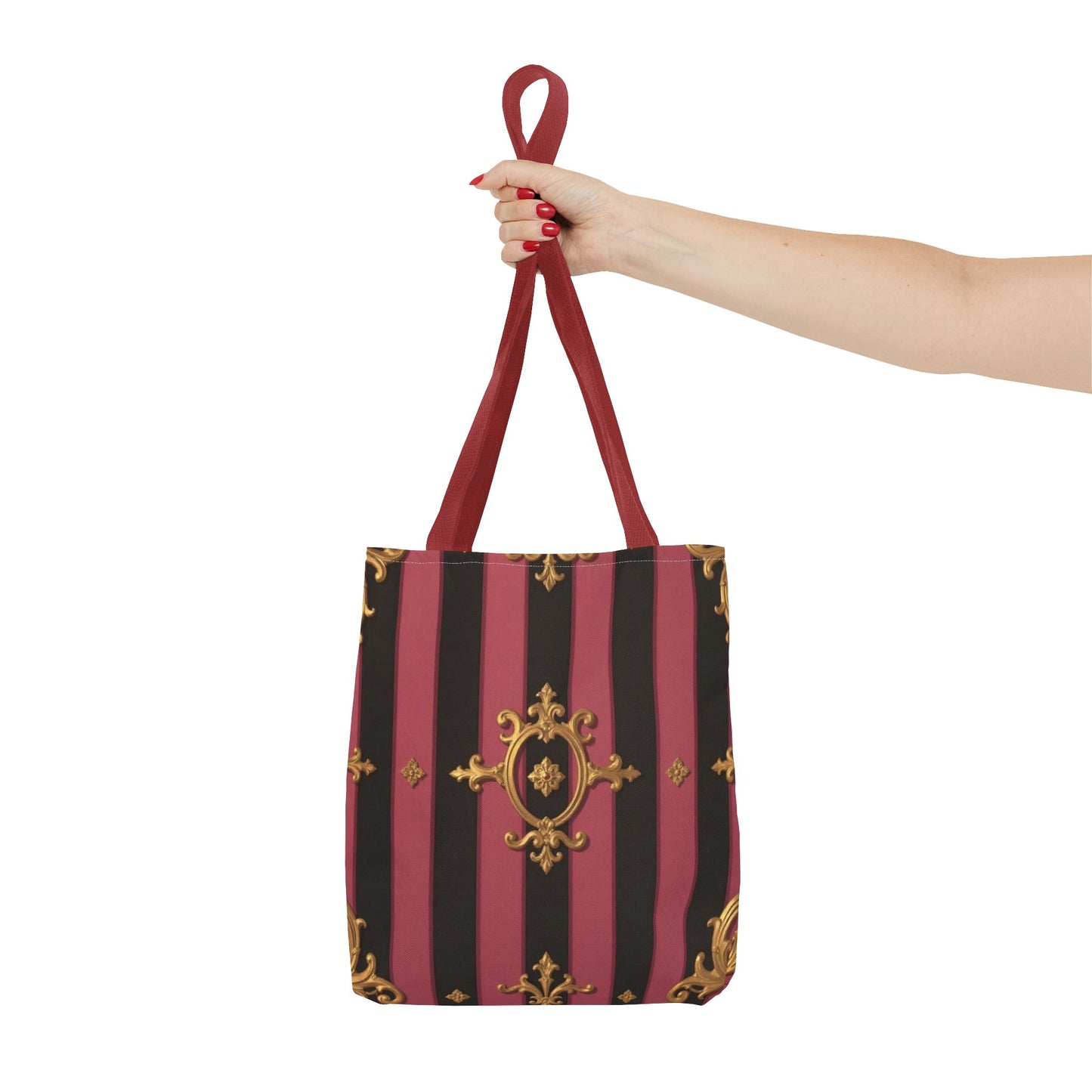 Elegant Black & Mauve Striped Gold Baroque Tote Bag - Chic Fashion Accessory, Shopping Companion, Decorative Carryall, Stylish Everyday Use