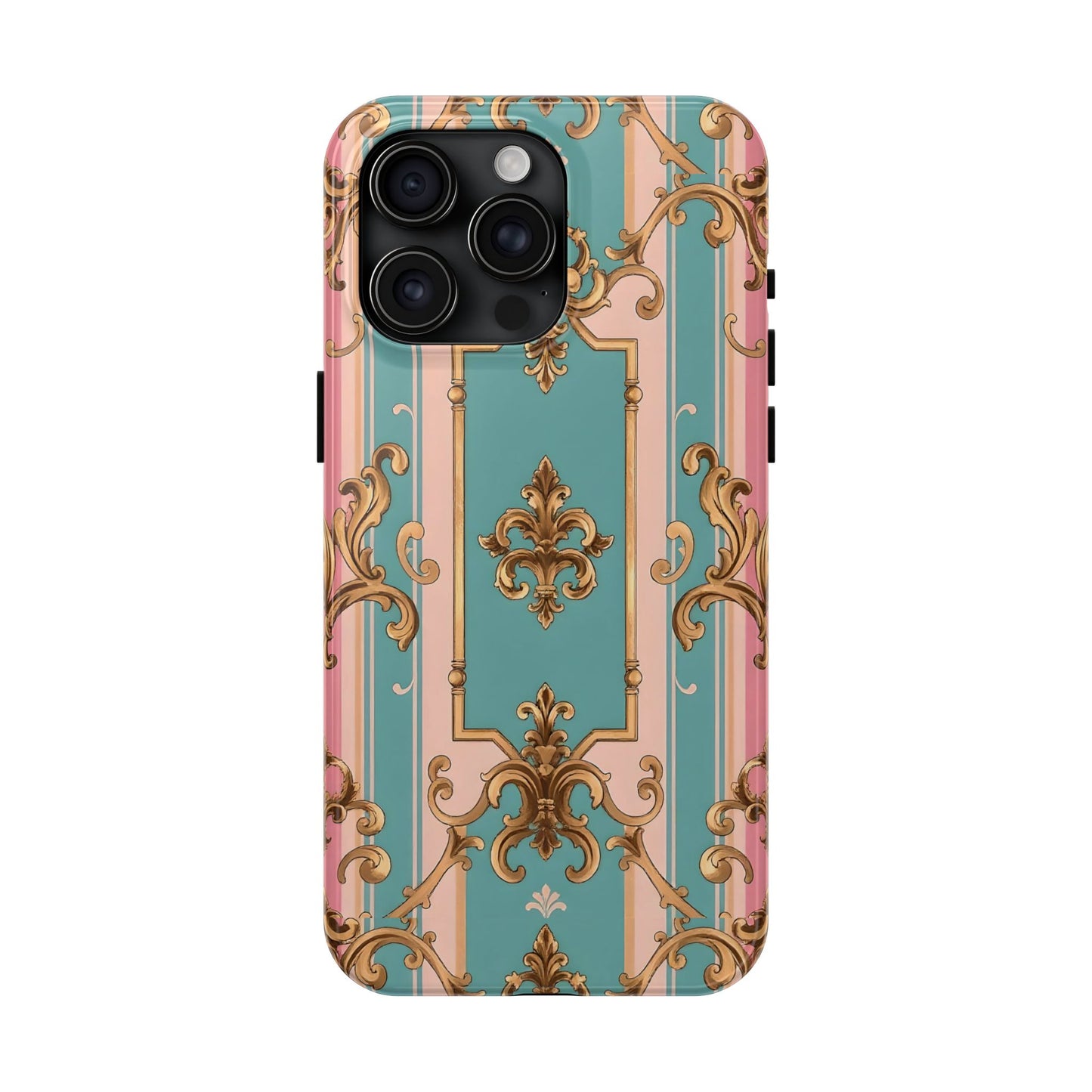 Elegant Floral Tough Phone Case, Artistic Phone Cover, Gift for Her, Chic Phone Accessory - Pink & Matte Turquoise Striped Rococo