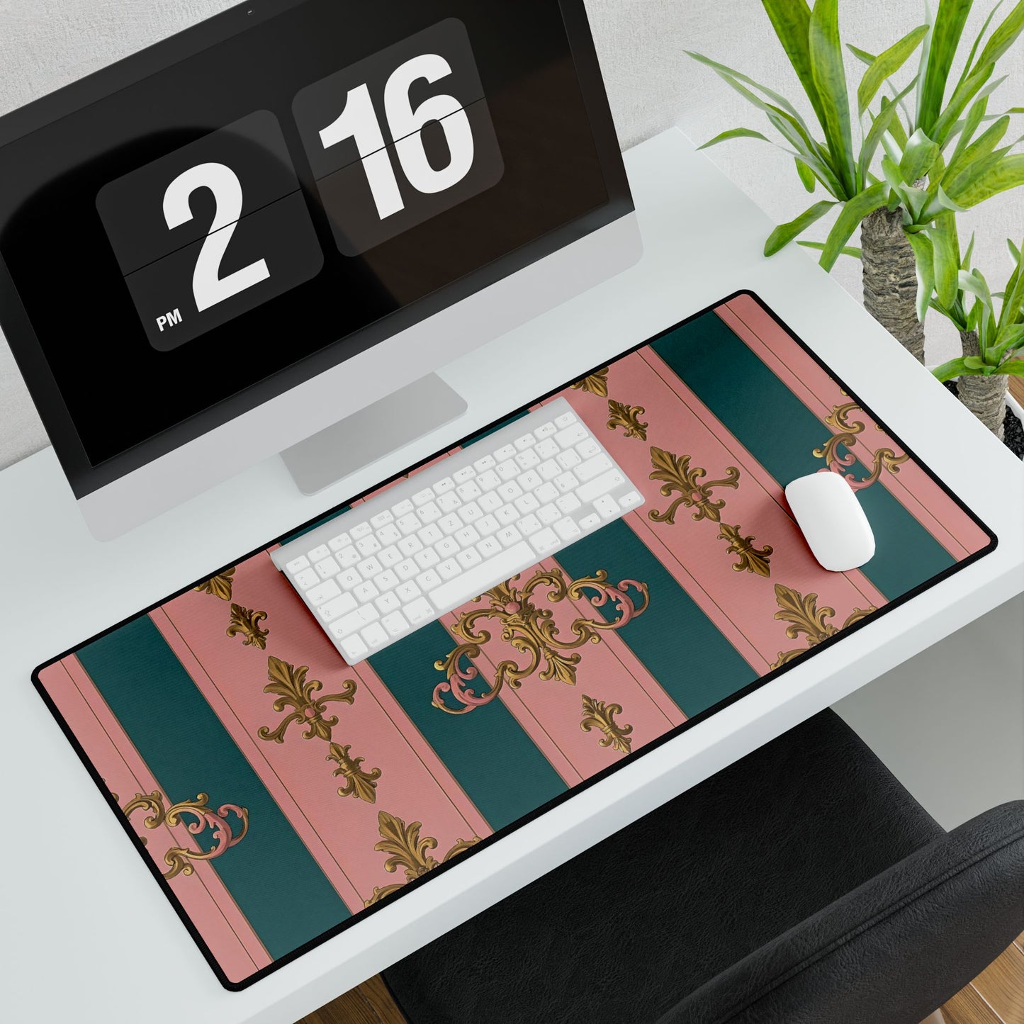 Elegant Desk Mats for Stylish Office Decor, Personalized Desk Accessories, Home Office Gifts - Pink & Teal Striped Gold Baroque
