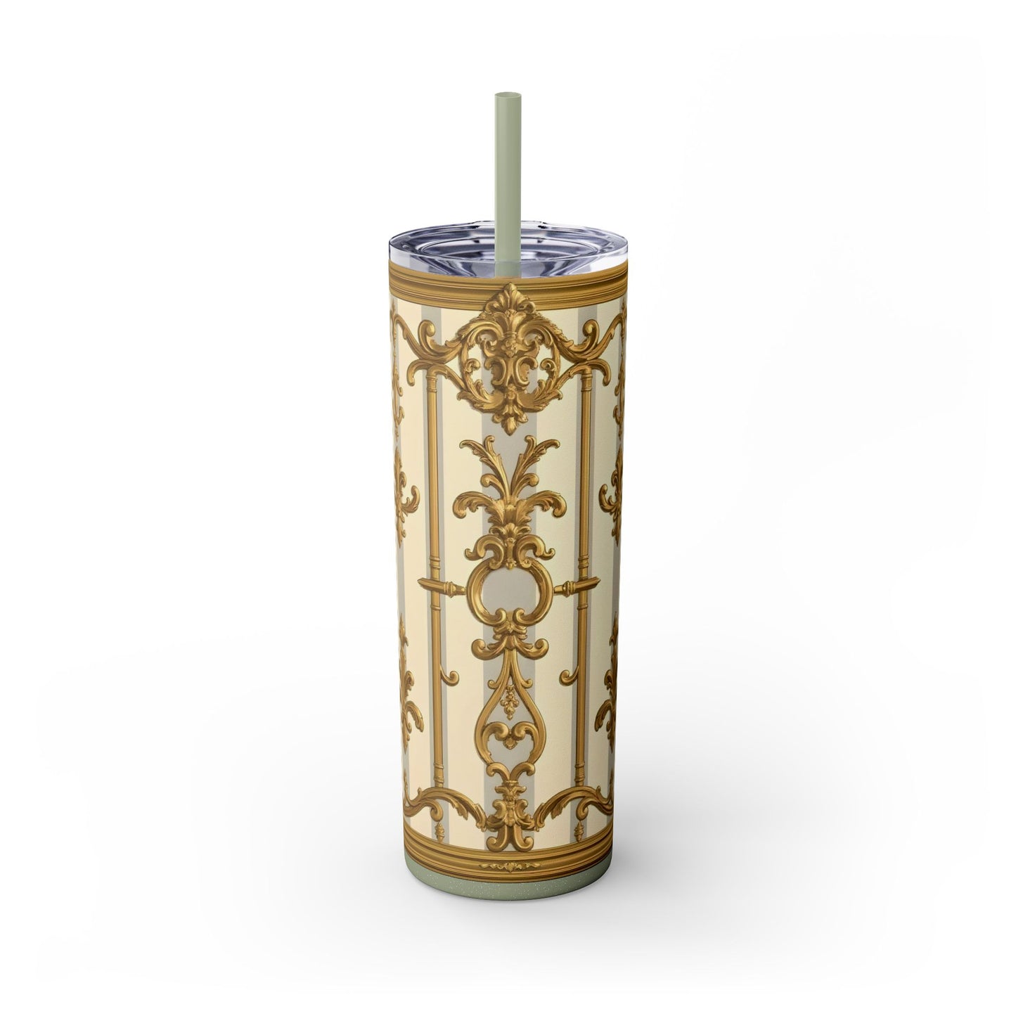 Elegant Vintage Skinny Tumbler with Straw, 20oz - Golden Baroque Design for Weddings, Parties - Matte Gray & Cream Striped Gold Baroque