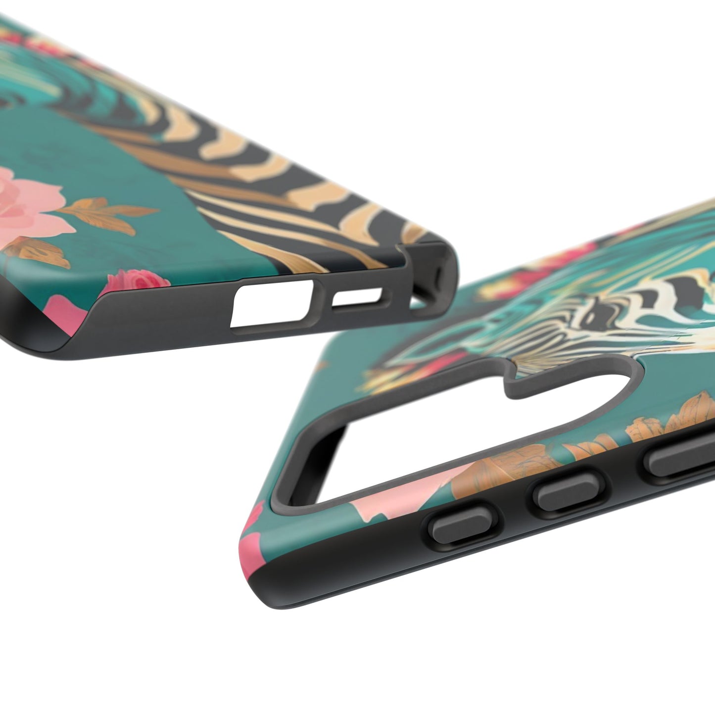 Phone Case - Elegant Teal & Gold Zebra & Roses Design
