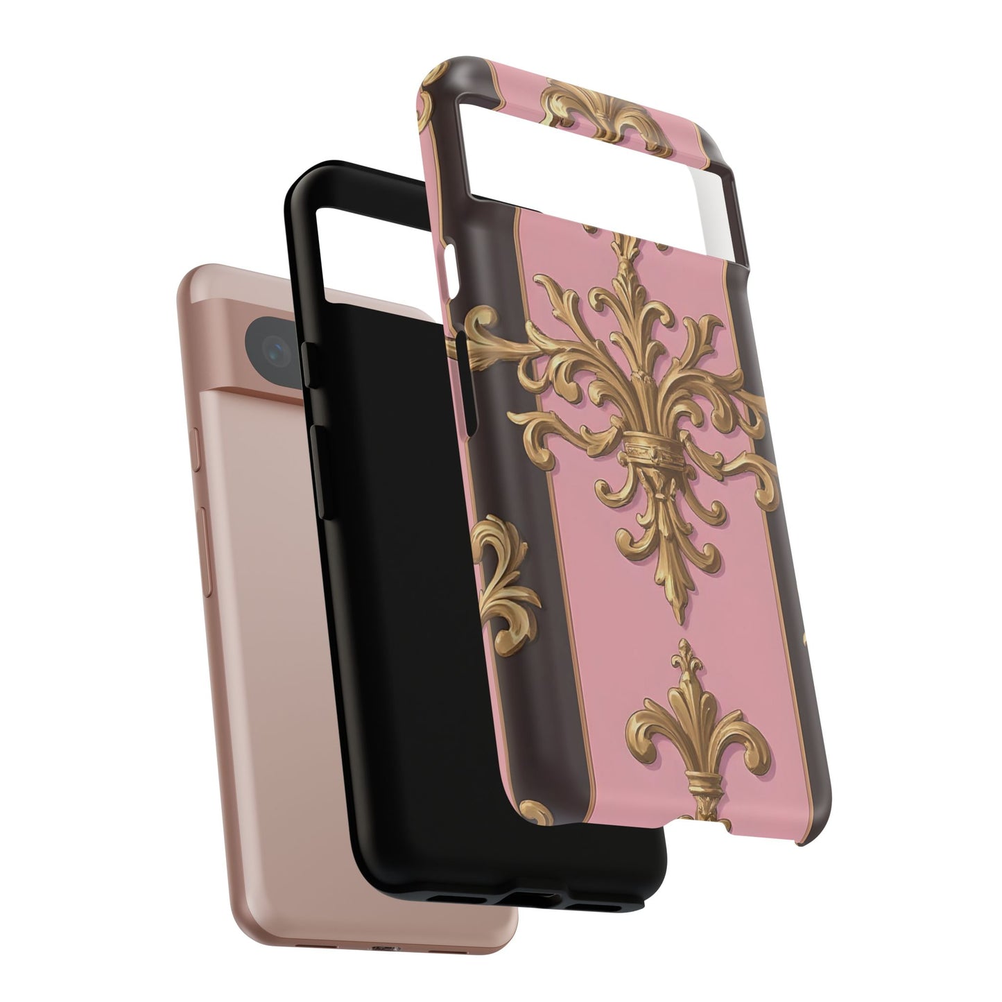 Elegant Floral Motif Phone Case - Tough Cases with Vintage Design - Pink & Brown Striped Gold Damask