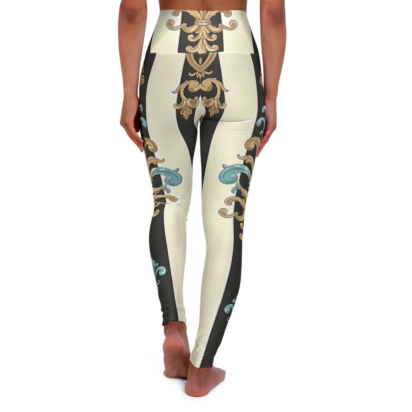 Chic High Waisted Yoga Leggings - Comfort Fit, AOP Design, Fitness Apparel, Trendy Activewear - Black Striped Turquoise & Black Rococo