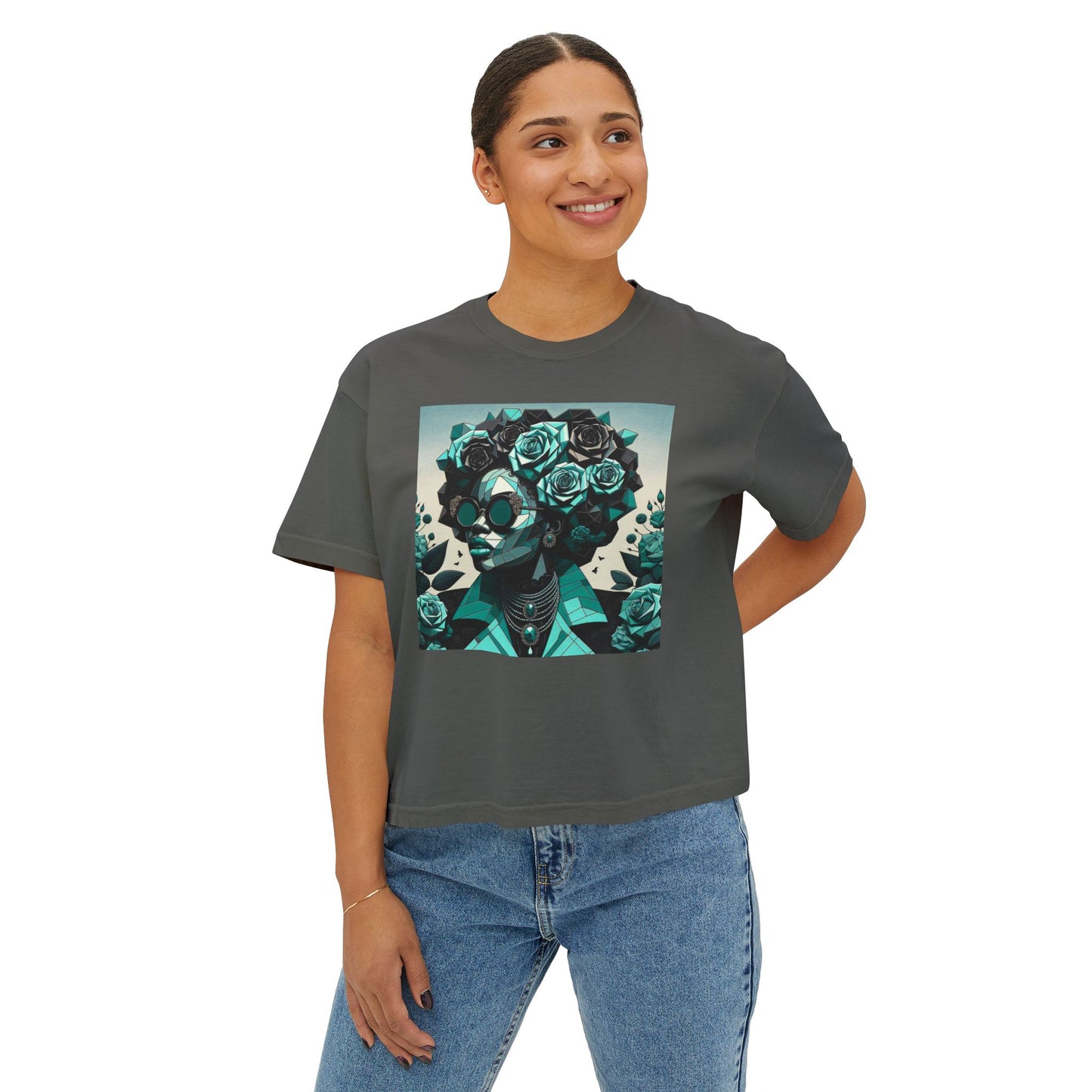 Floral Skull Women's Boxy Tee, Casual Outfit, Graphic Tee, Festival Fashion, Gift for Her - Turquoise & Black Roses Lady