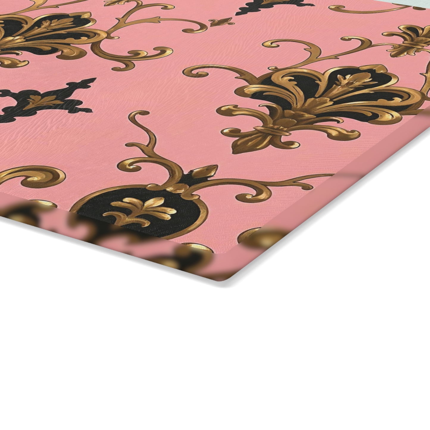 Elegant Pink Floral Glass Cutting Board with Gold Accents, Kitchen Decor, Gift for Home Cooking, Wedding Gift - Pink, Black & Gold Rococo
