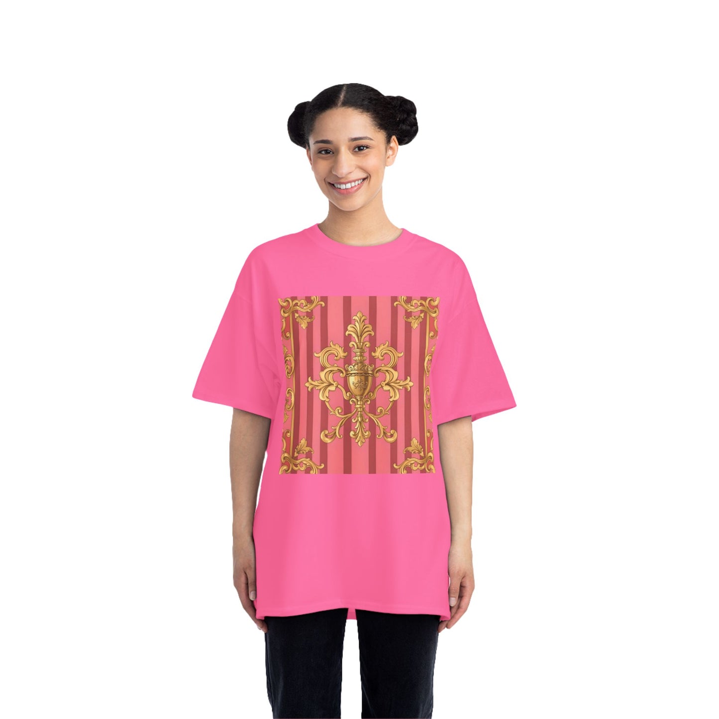 Chic Vintage Style Short-Sleeve T-Shirt - Elegant Baroque Design | Fashion Top, Gift for Her, Casual Wear - Pink Striped Gold Baroque